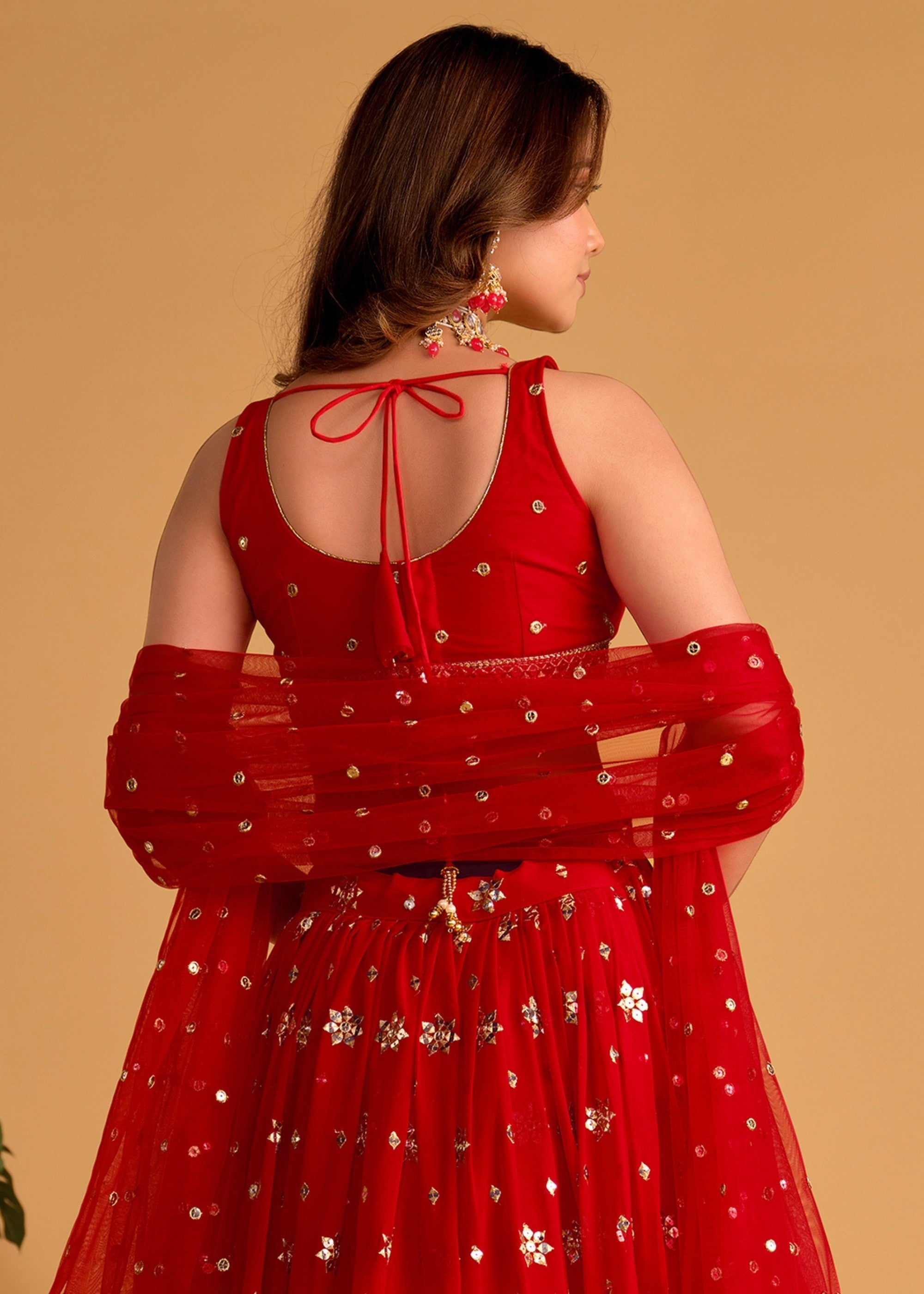 Scarlet Red Georgette Lehenga Choli With Sequins Zari Embroidered Work | Ready To Wear - qivii