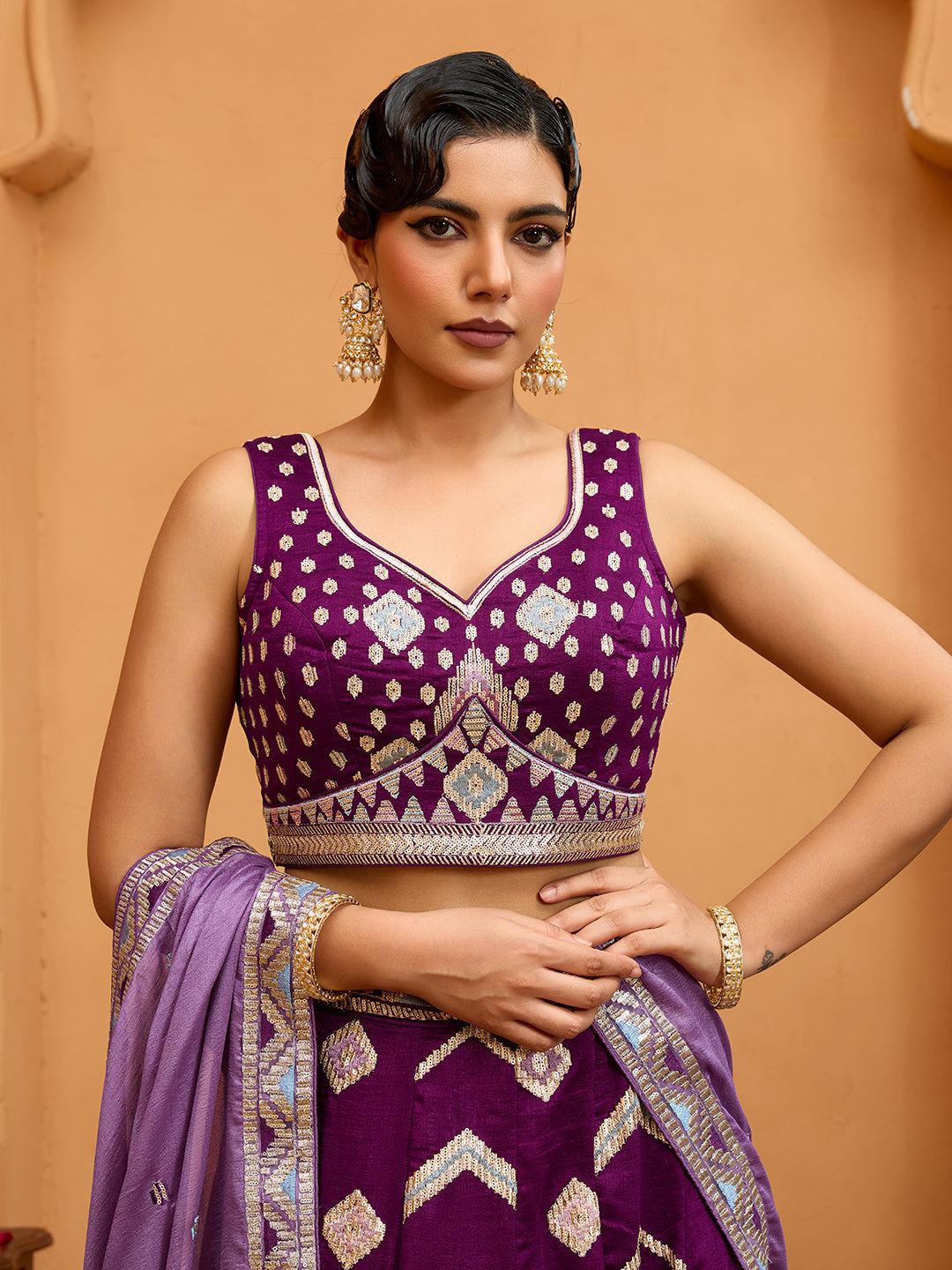 Burgundy- Silk Fabric Sequins embroidery Semi-Stitched Lehenga & Unstitched Blouse With Dupatta - qivii