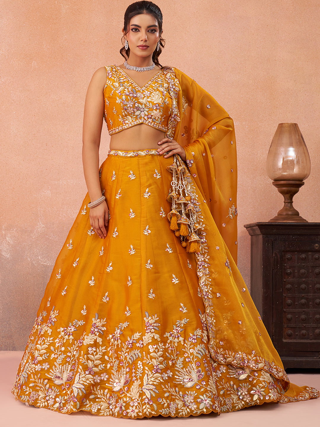 Mustard Tissue Sequined with Zari Embroidered Lehenga Set