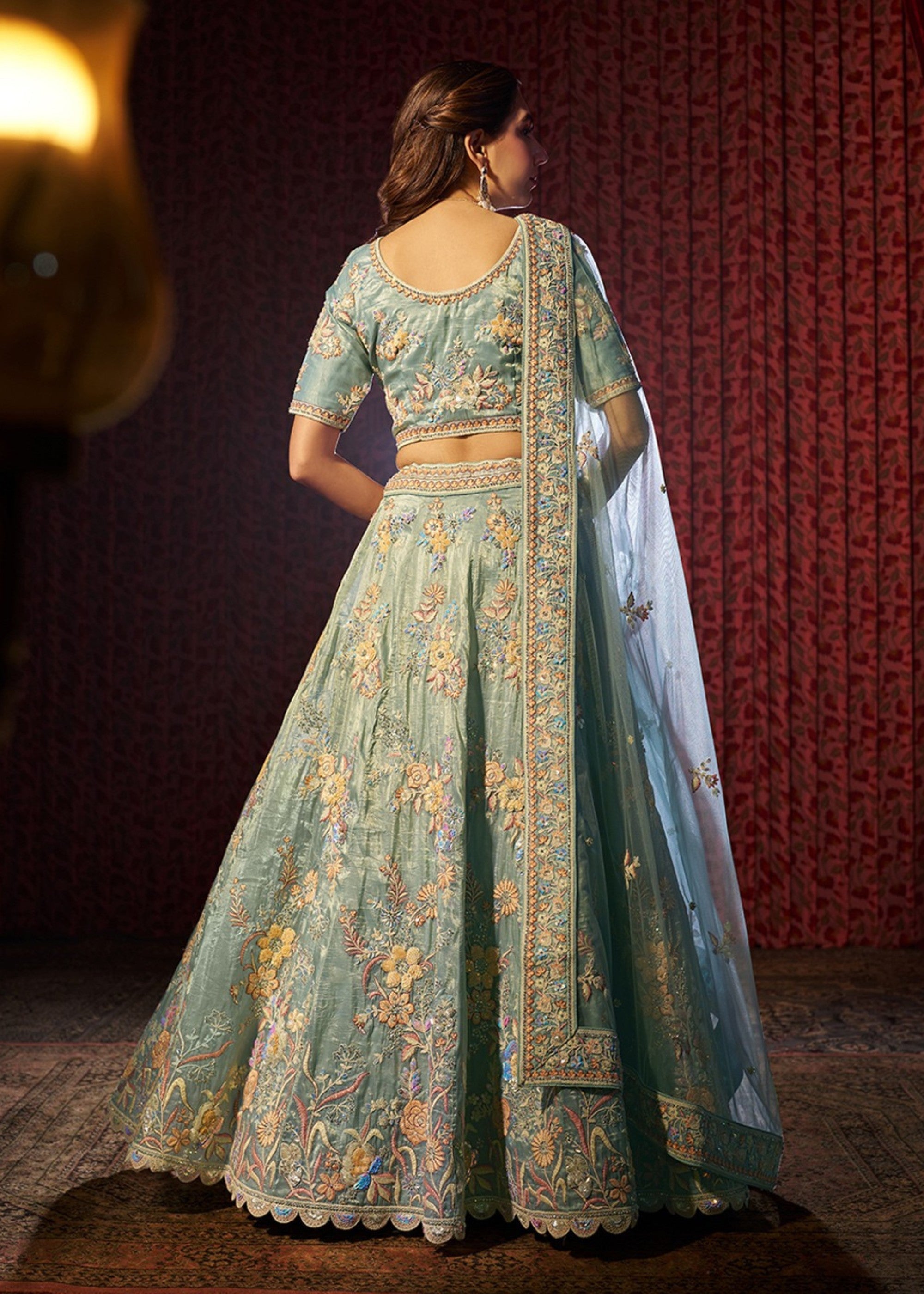 Torquise Dori Sequins Thread work Organza Lehenga | Ready To Wear - qivii