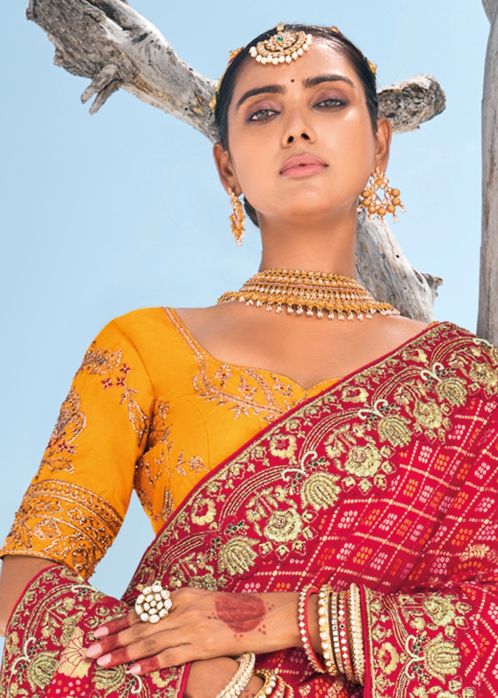 Cherry Red Pure Georgette Bandhani Patola With Zari Weaving Heavy Work Saree - qivii