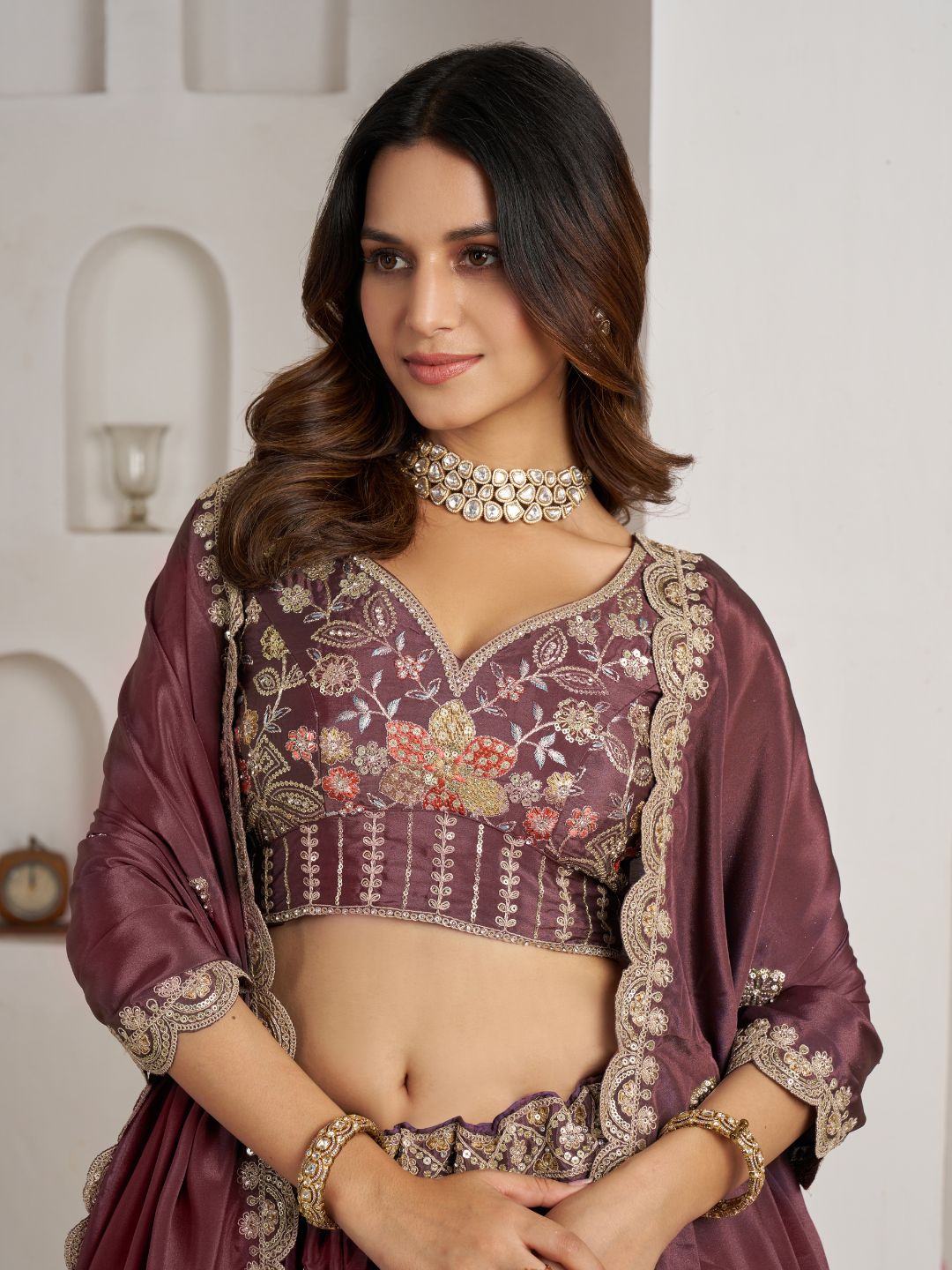 Designer Onion Color Lehenga Choli with Golden Floral Detailing