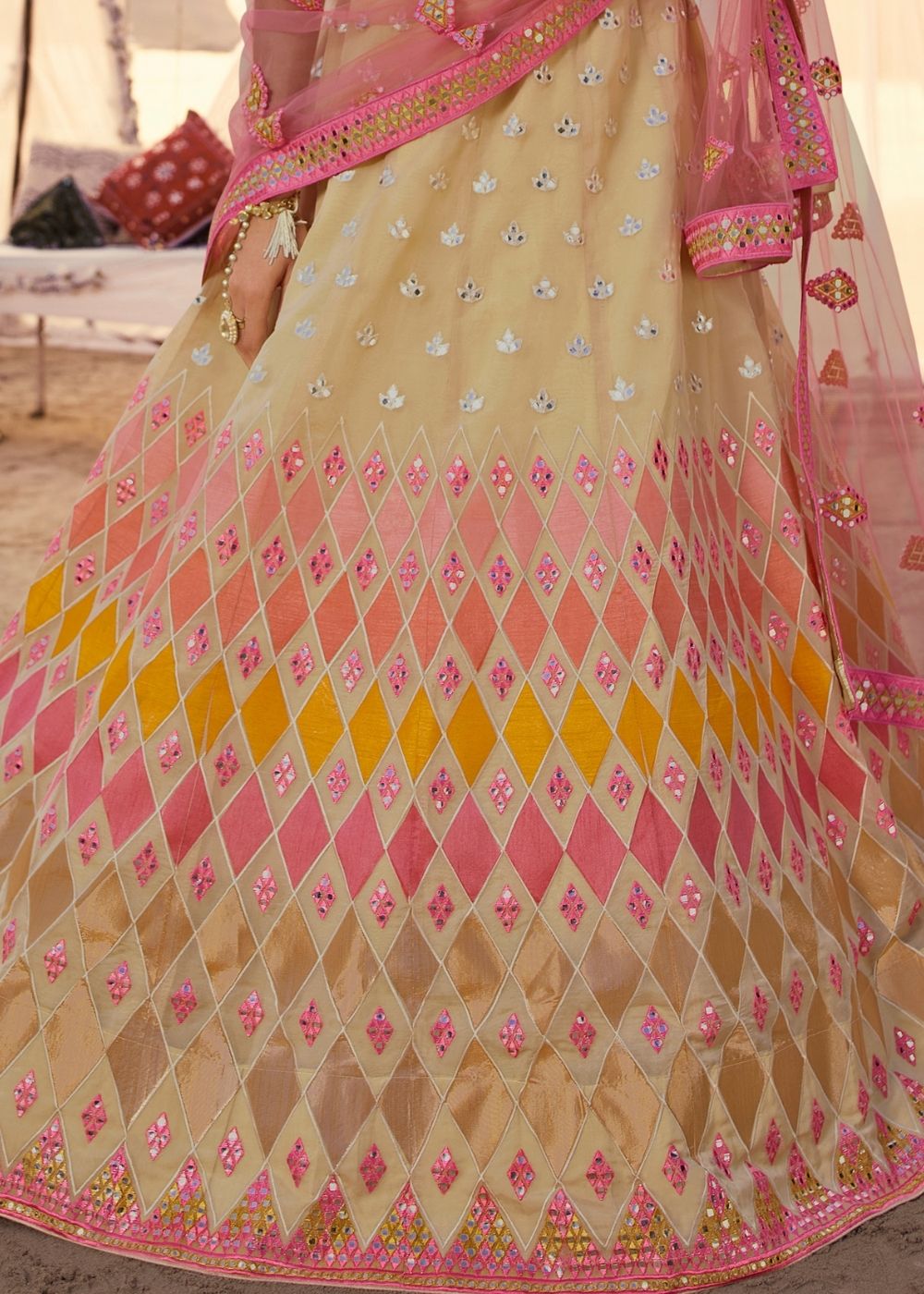 Beige Organza Lehenga Choli with Thread, Foli and Mirror work | Ready To Wear - qivii