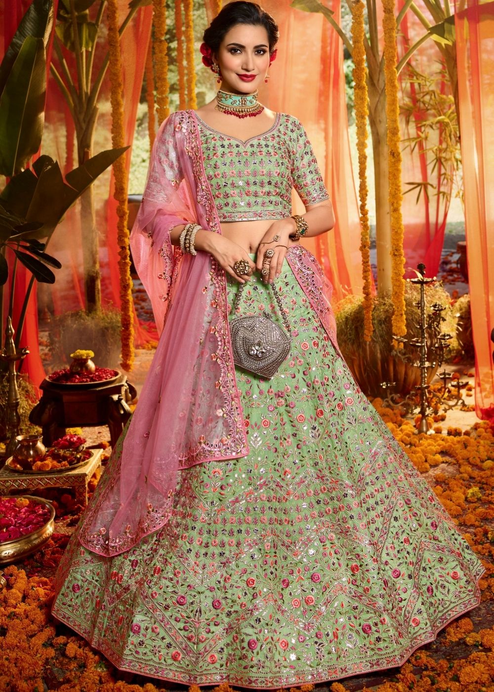 Mint Green Organza Designer Lehenga Choli with Foil, Mirror, Thread and Zari work (Pre-Order) | Ready To Wear - qivii