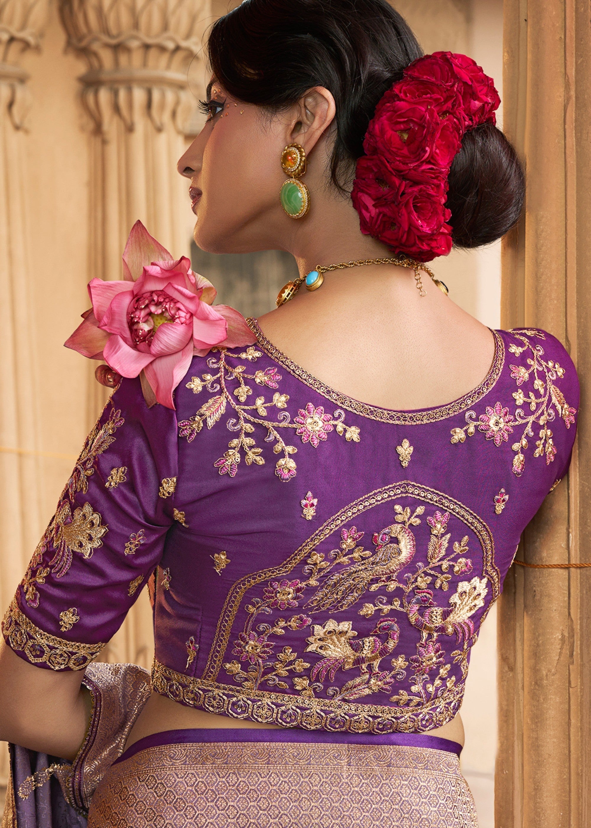 Amethyst Purple Satin Silk Saree With Beautiful Lace Border And Heavy Designer Embroidered Blouse - qivii