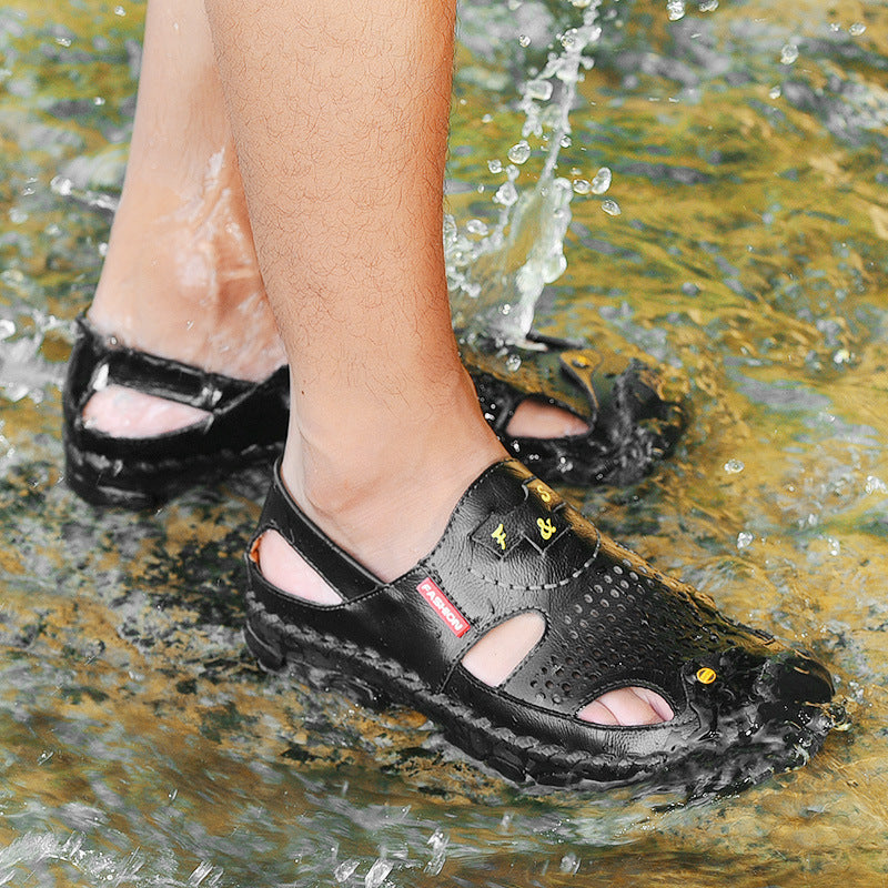 Flow Men’s Genuine Leather Summer Clogs – Breathable Closed-Toe Soft Sole Casual Beach Sandals (US7–11)
