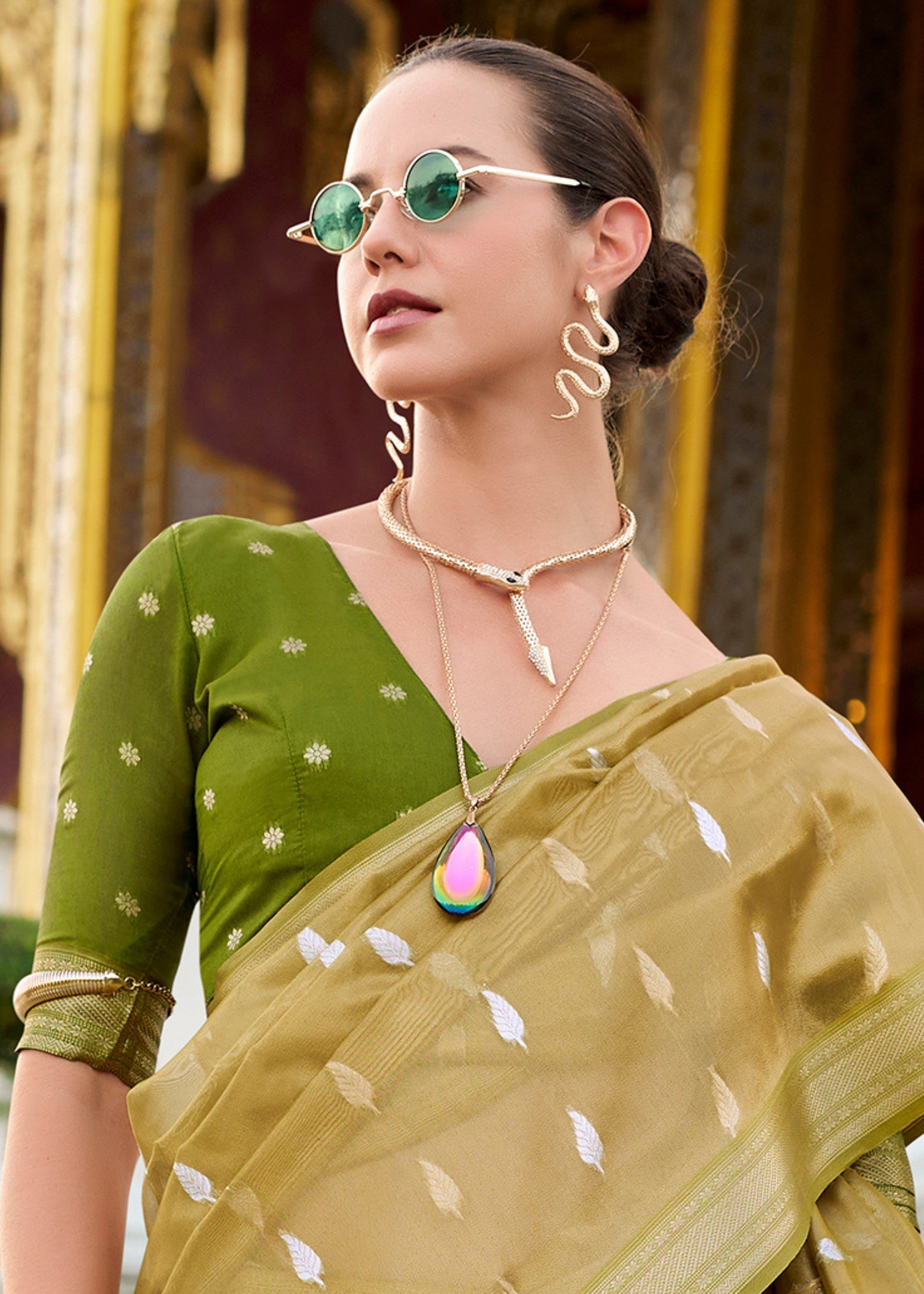 Mehendi Green Tissue Silk Saree With Zari Weaving And Contrast Blouse - qivii