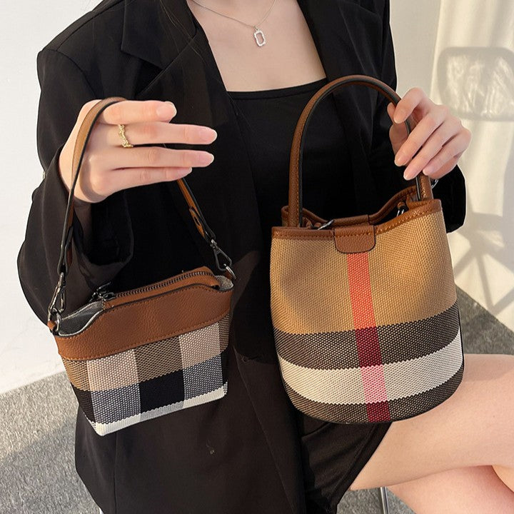 Women’s Regent Plaid Bucket Satchel — Heritage Check Full-Grain Leather Convertible with Detachable Pouch & Effortless Transition Carry