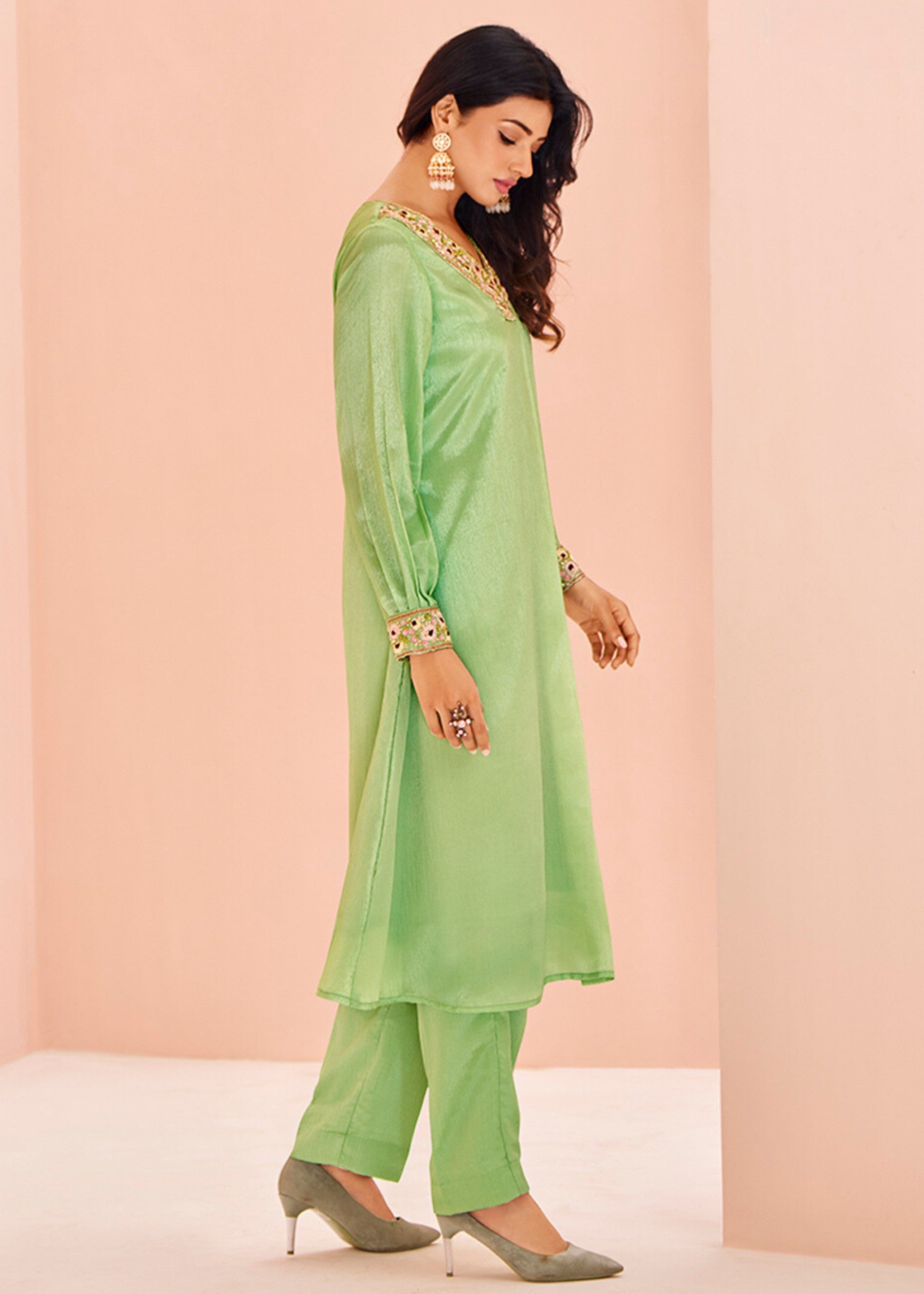 Chinon Green Handwork Kurta with Pant - qivii