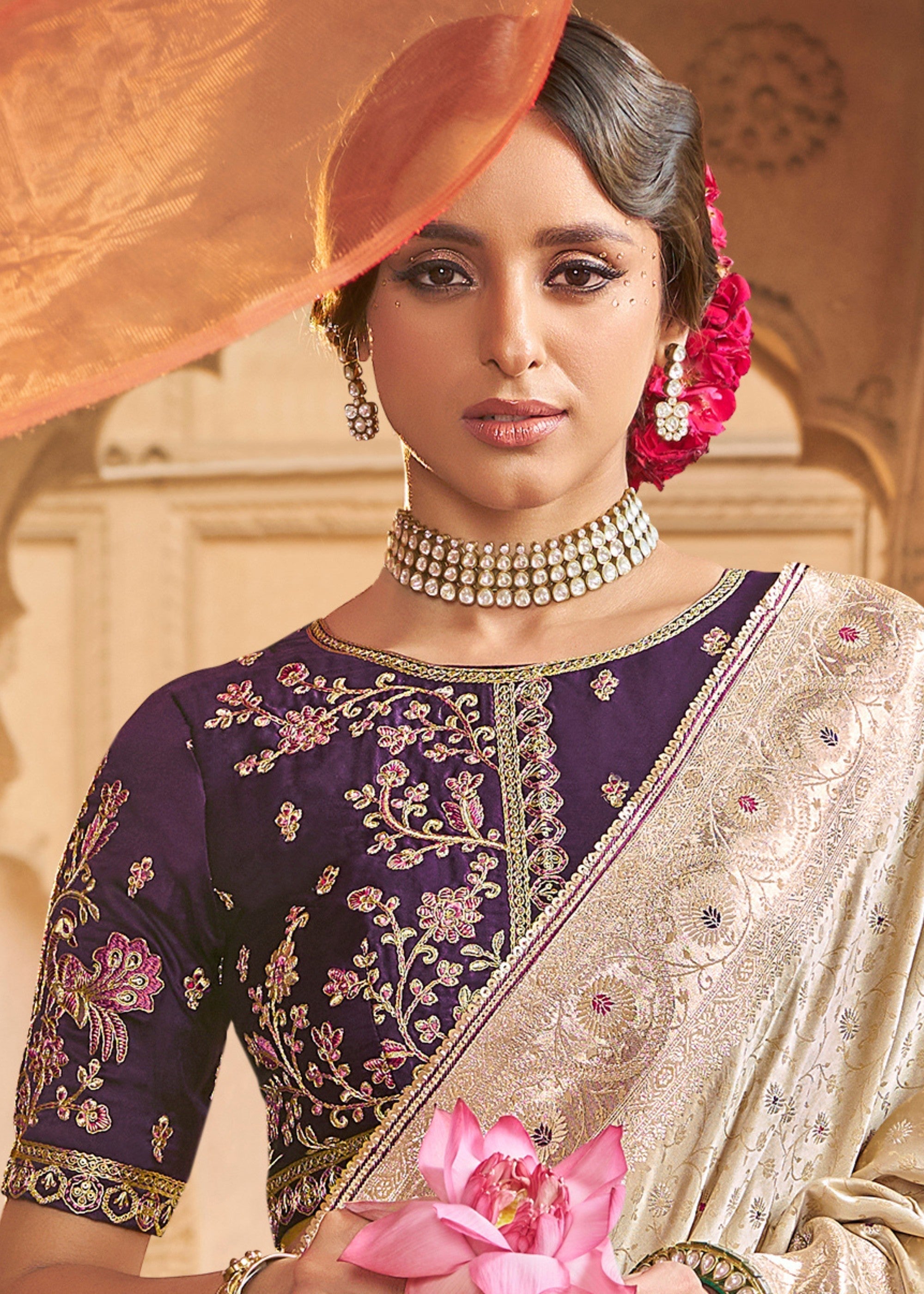 Warm White Satin Silk Saree With Beautiful Lace Border And Heavy Designer Embroidered Blouse - qivii