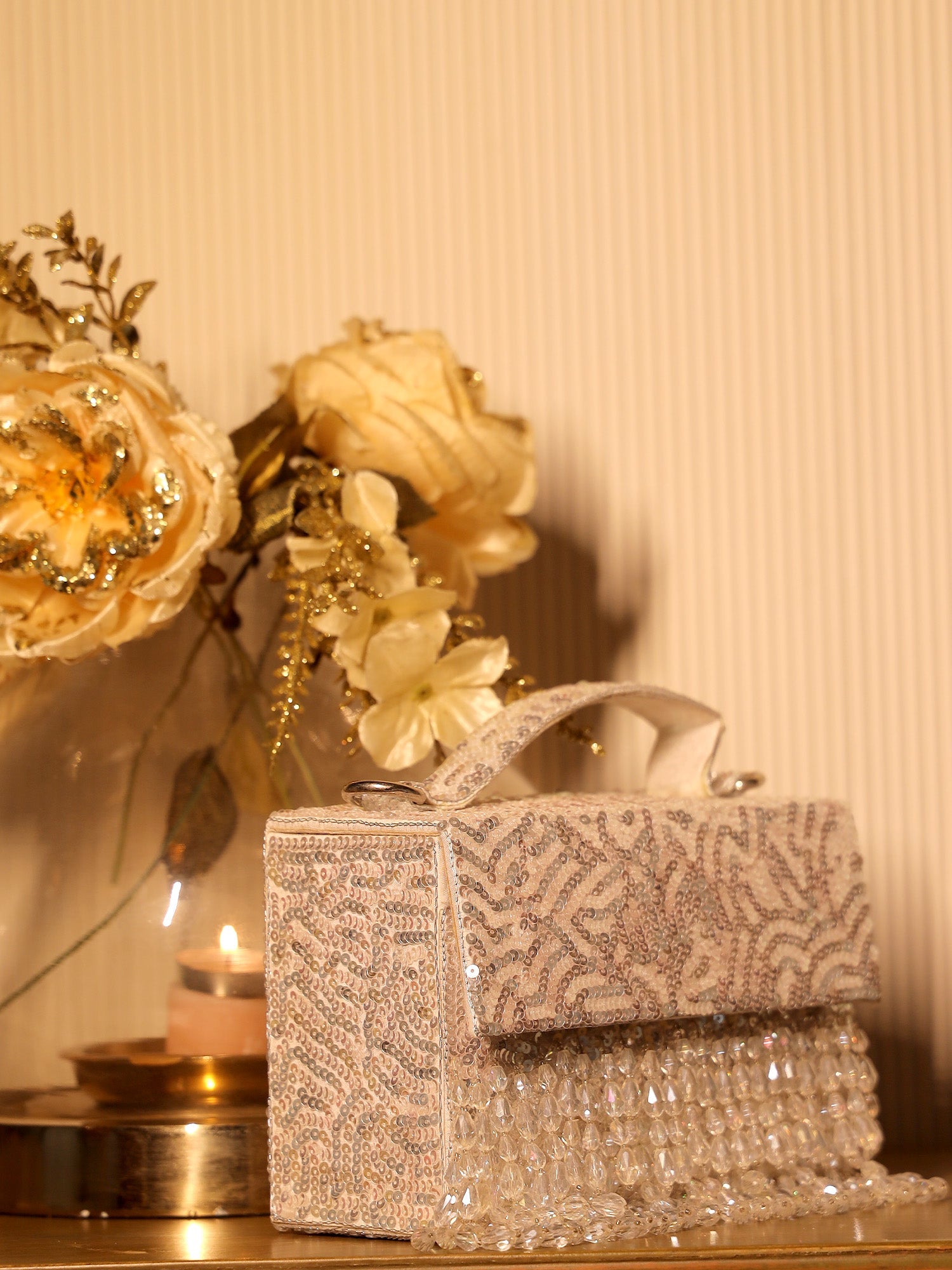 Aksha Silver White Sequence Box Style Clutch