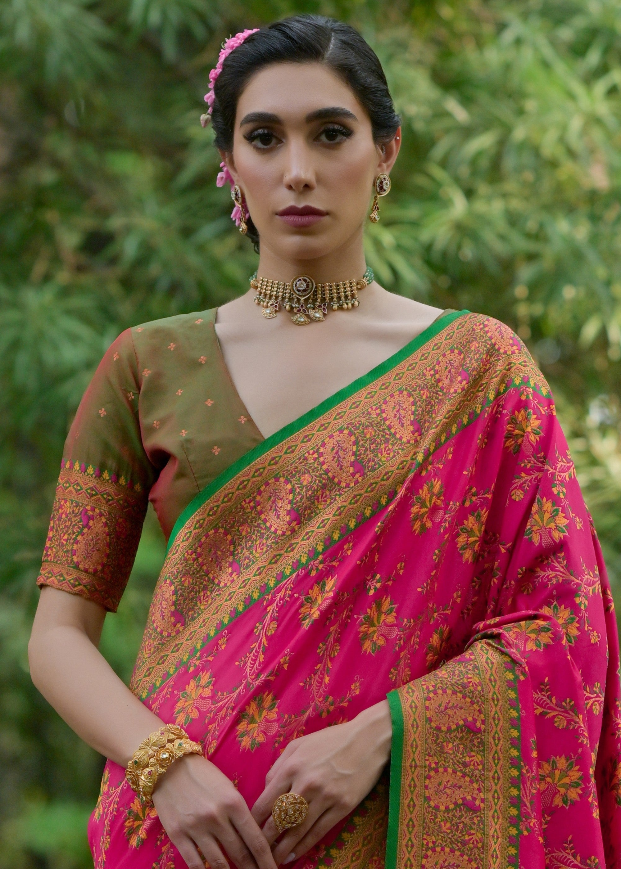 French Pink Thread Woven Pashmina Silk Saree With Heavy Thread Woven Pallu - qivii
