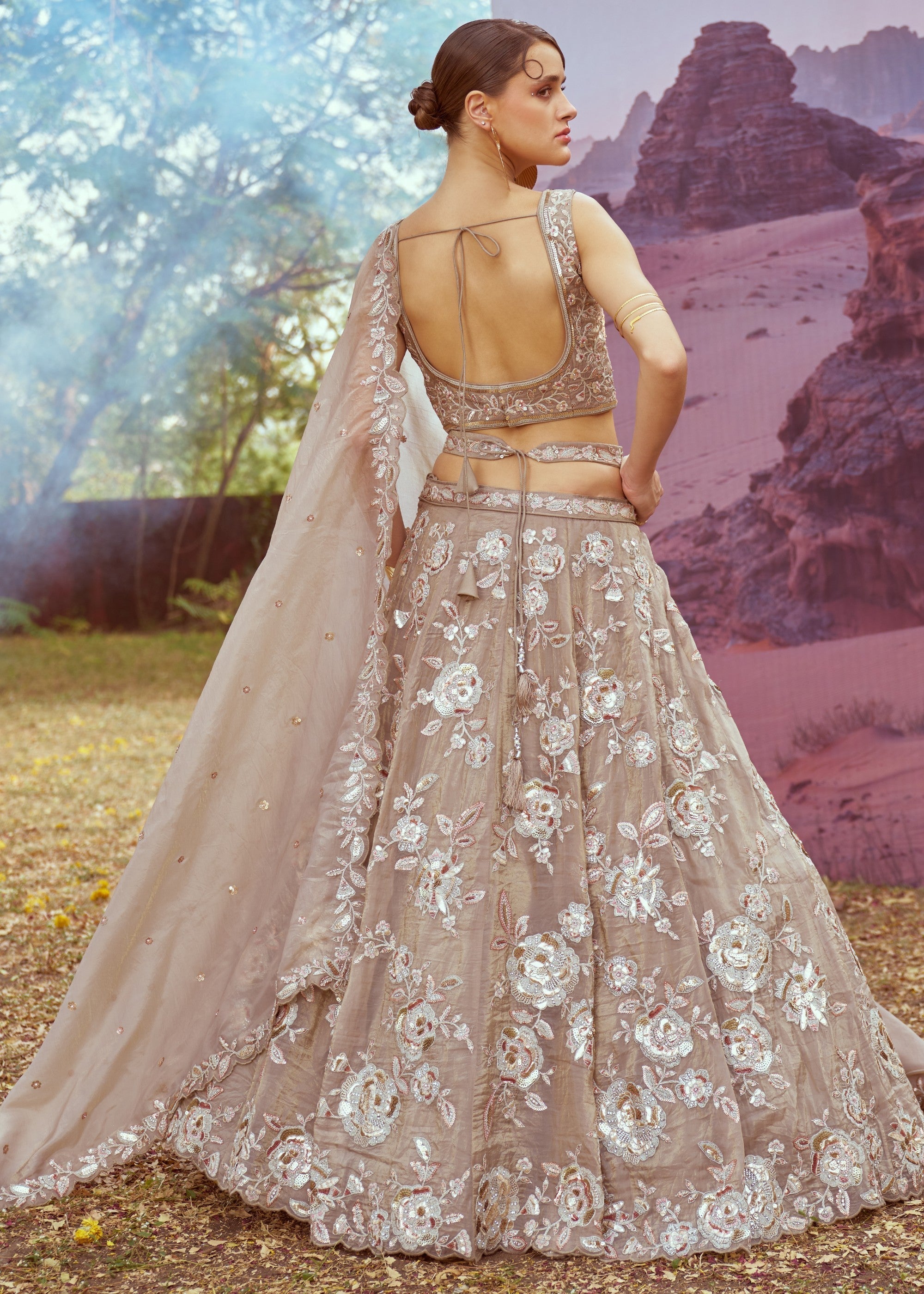 Beige Organza Sequins embroidery Lehenga | Ready To Wear - qivii