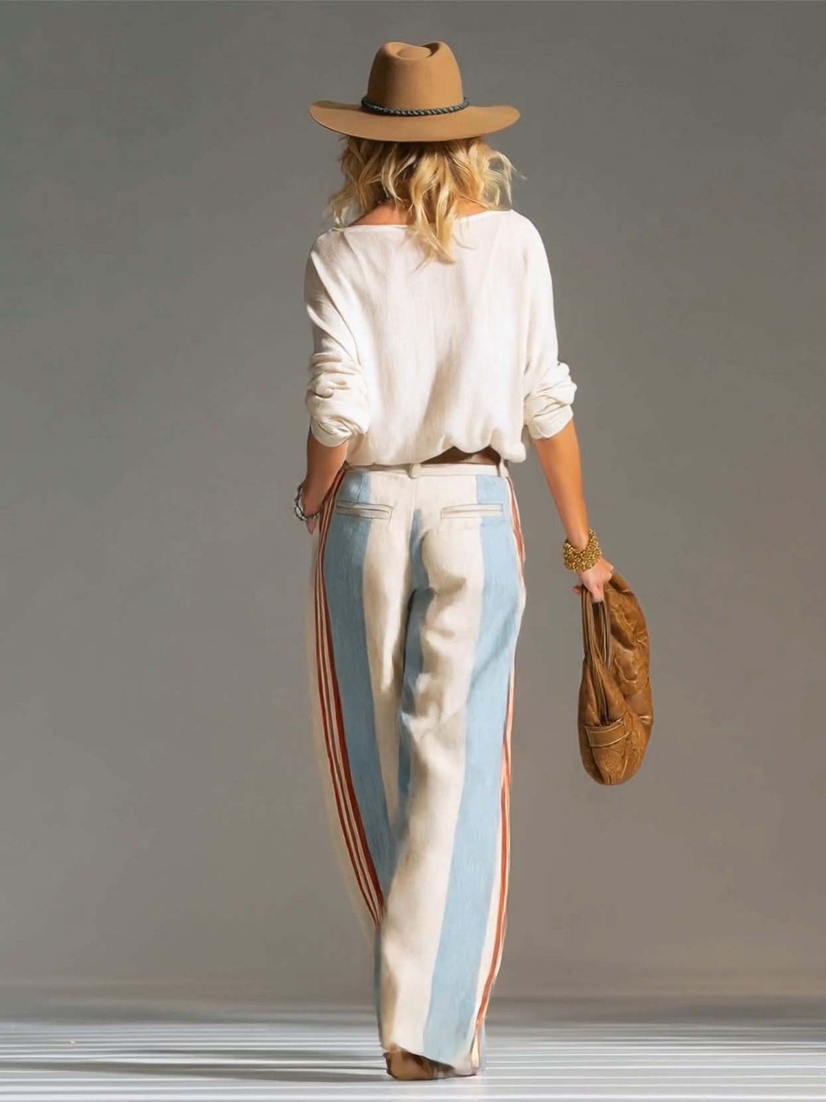 Retro Casual Ivory Surplice V-Neck Top And Blue Red Striped Wide-Leg Cotton-Linen Pants Set - By Qivii