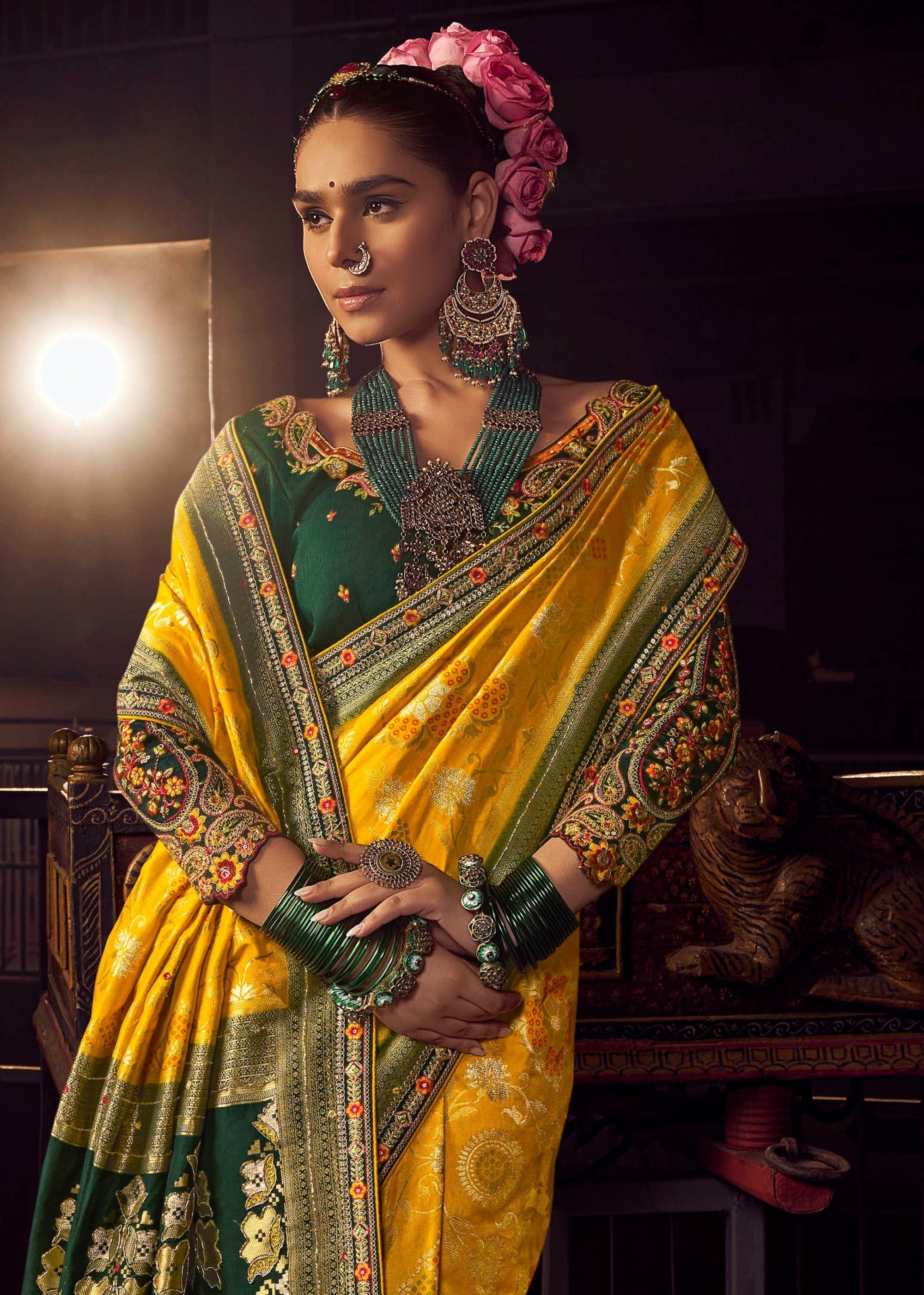 Mustard Yellow Pure Viscose Dola Silk Saree With Handwork On Blouse And Pallu - qivii