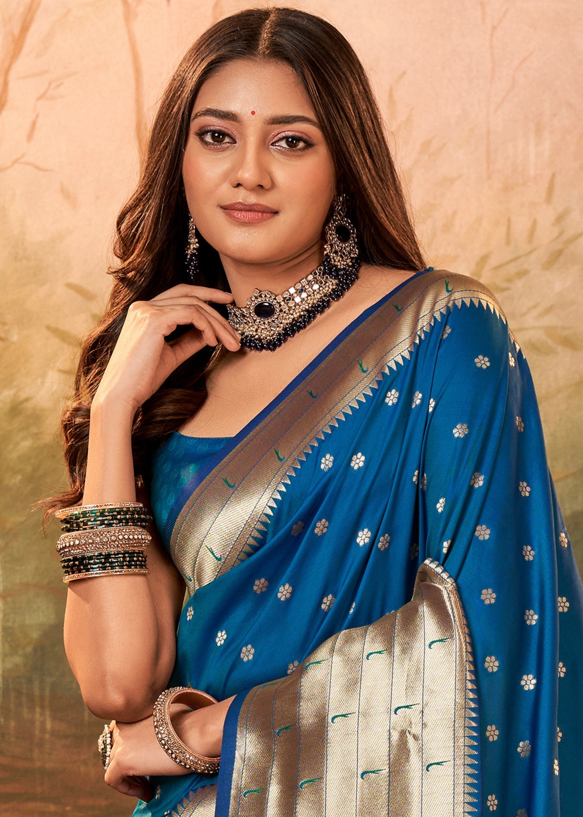 Dark Blue Paithani Silk Saree With Zari Weaving - qivii