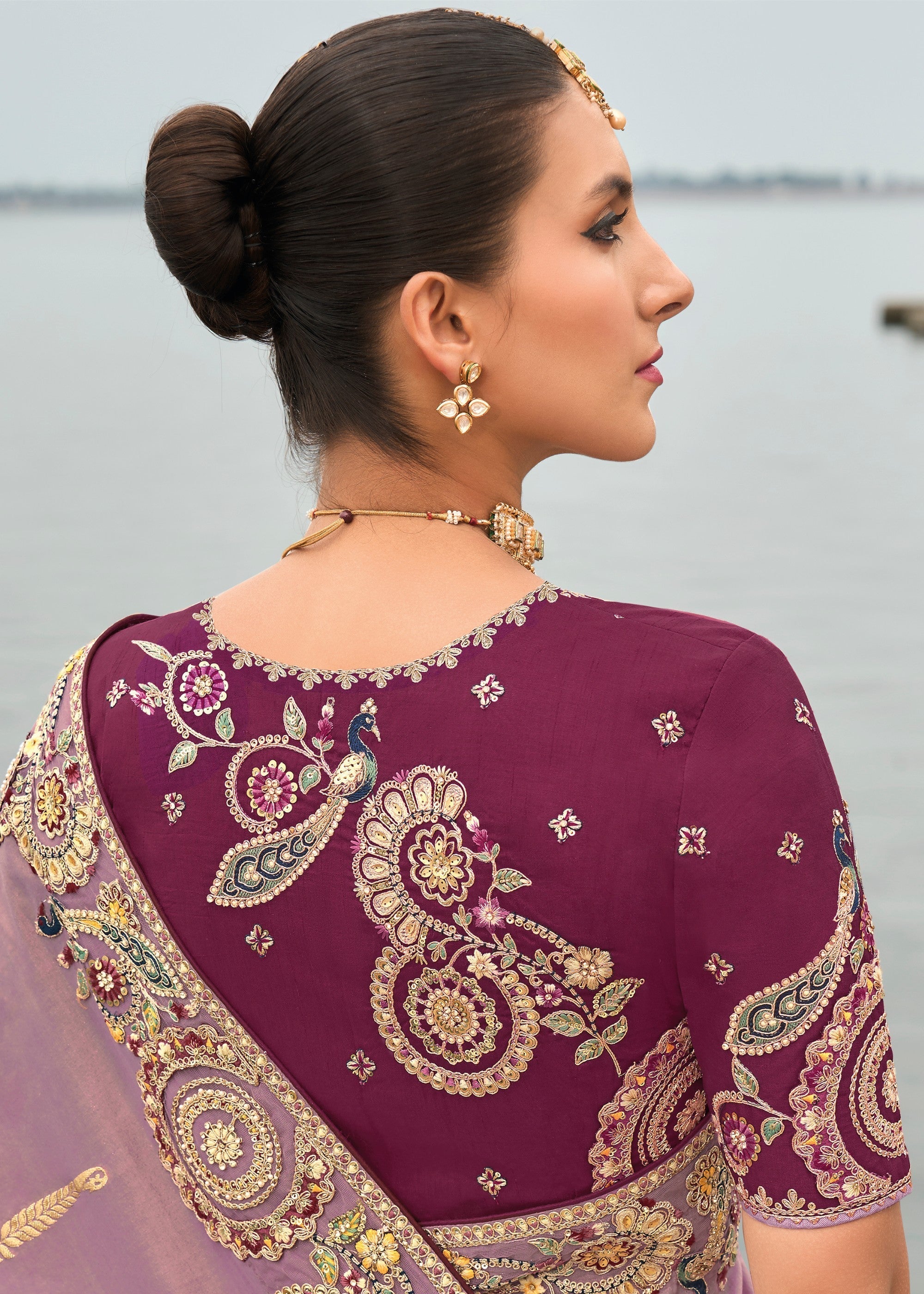 Lilac Purple Viscose Tissue Silk Saree With Embroidery Cut Work Border And Sequence Work - qivii