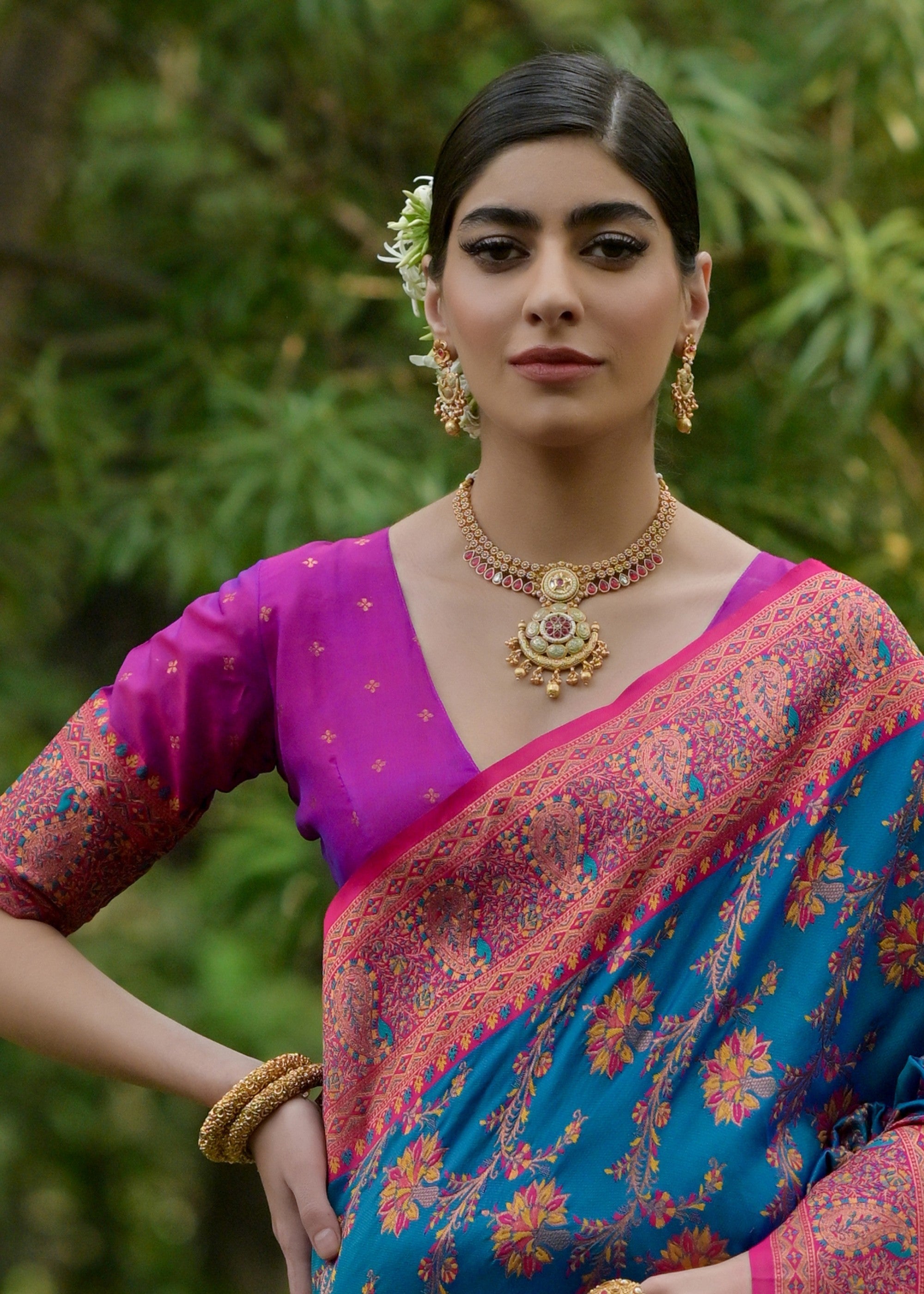 Aegean Blue Thread Woven Pashmina Silk Saree With Heavy Thread Woven Pallu - qivii