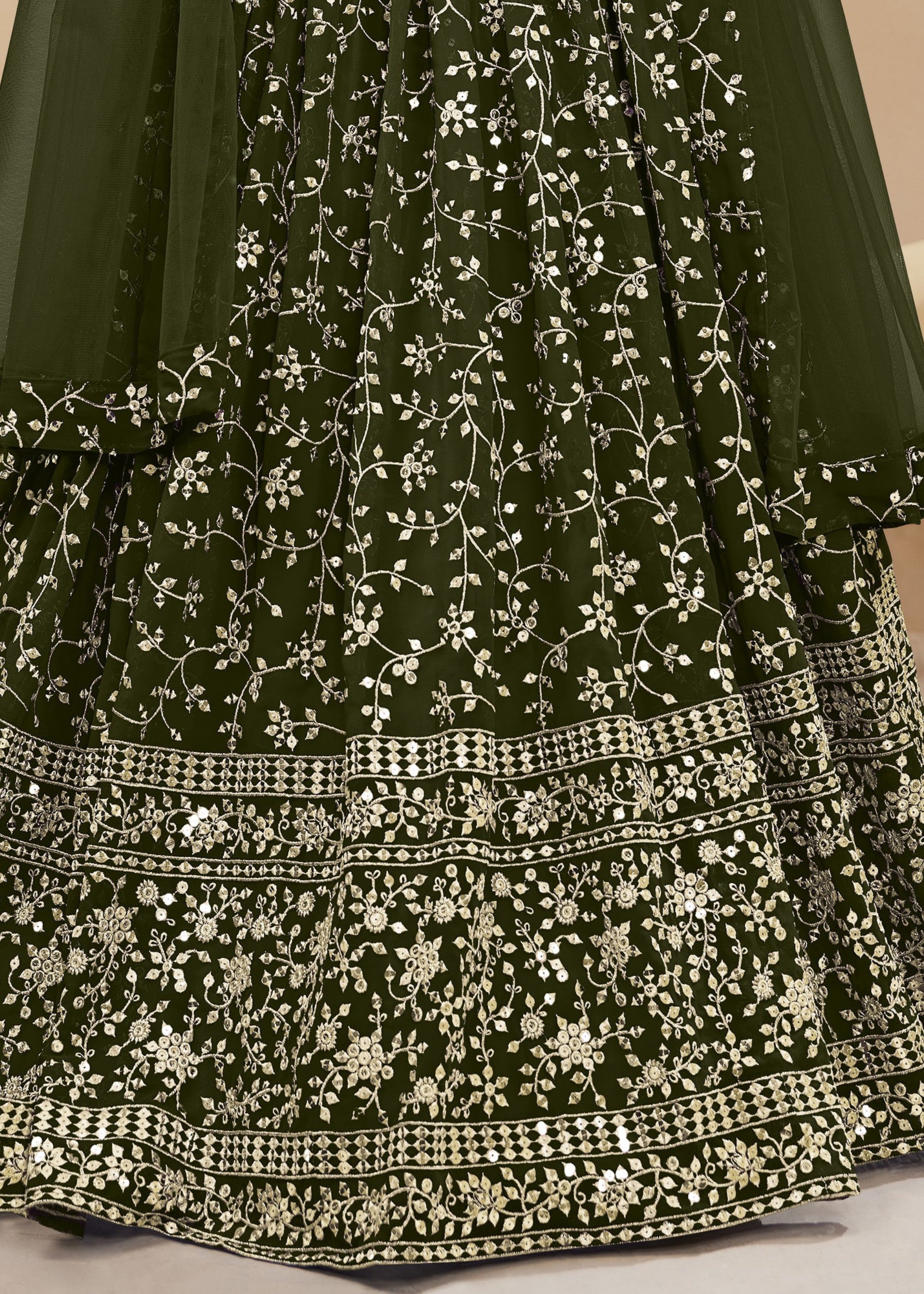Mehendi Green Georgette Lehenga Choli With Sequins Zari Embroidered Work | Ready To Wear - qivii