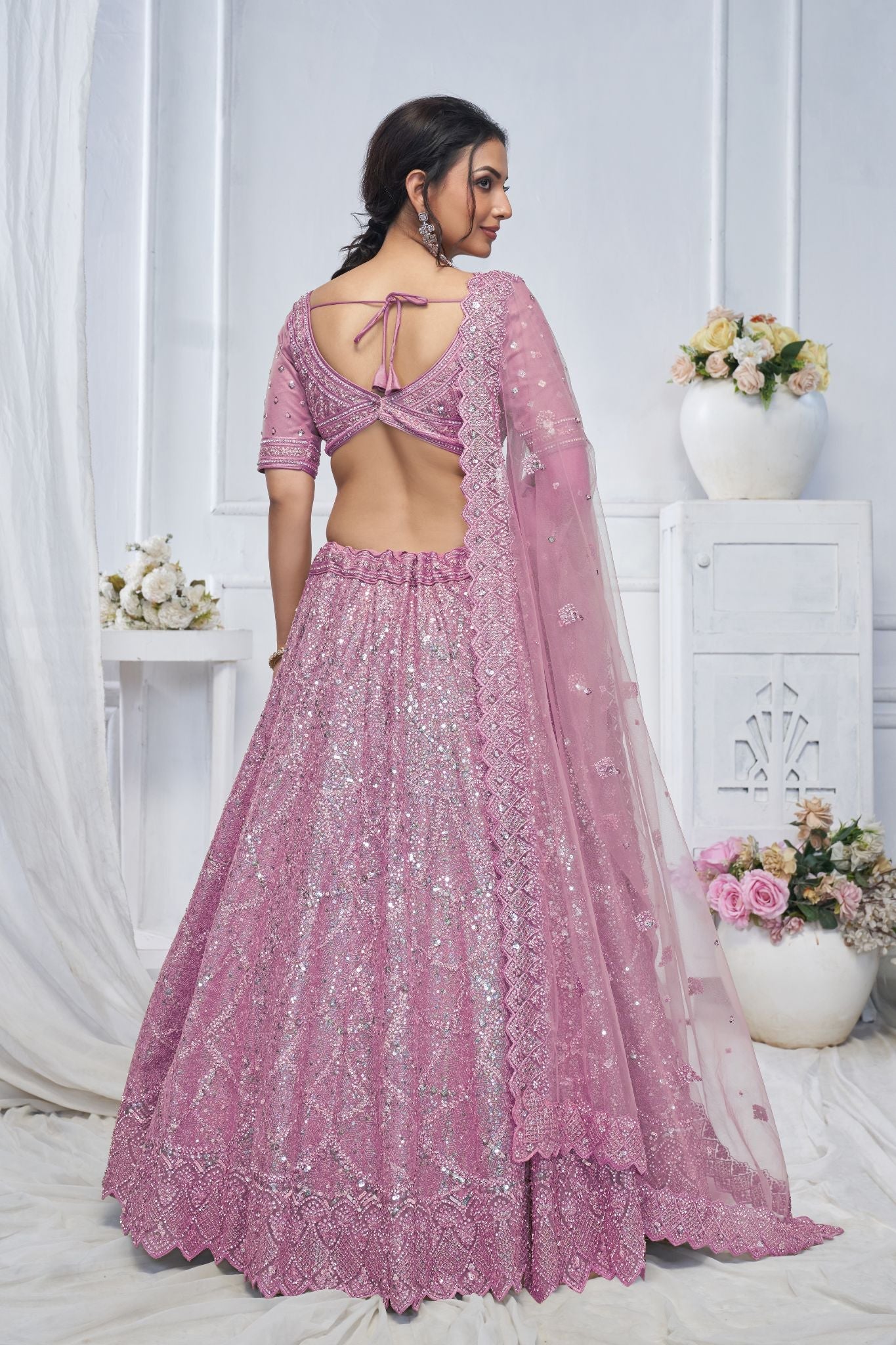 Alluring Purple Sequins Net Bridesmaid Lehenga Choli With Dupatta - qivii