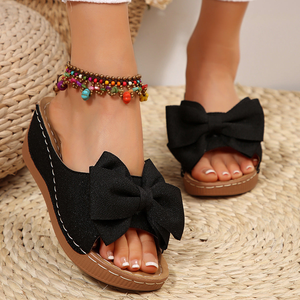 Women’s Liora Bow Flower Platform Wedge Slide Sandals – Peep-Toe Wide Strap Summer Slides (US 5–10.5)