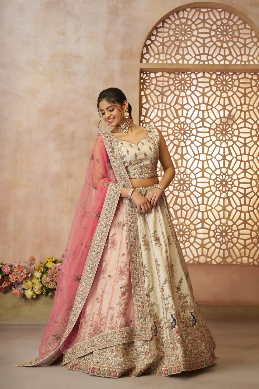 White Zari Silk Semi-Stitched Lehenga Choli with Sequin & Thread Embroidery - qivii