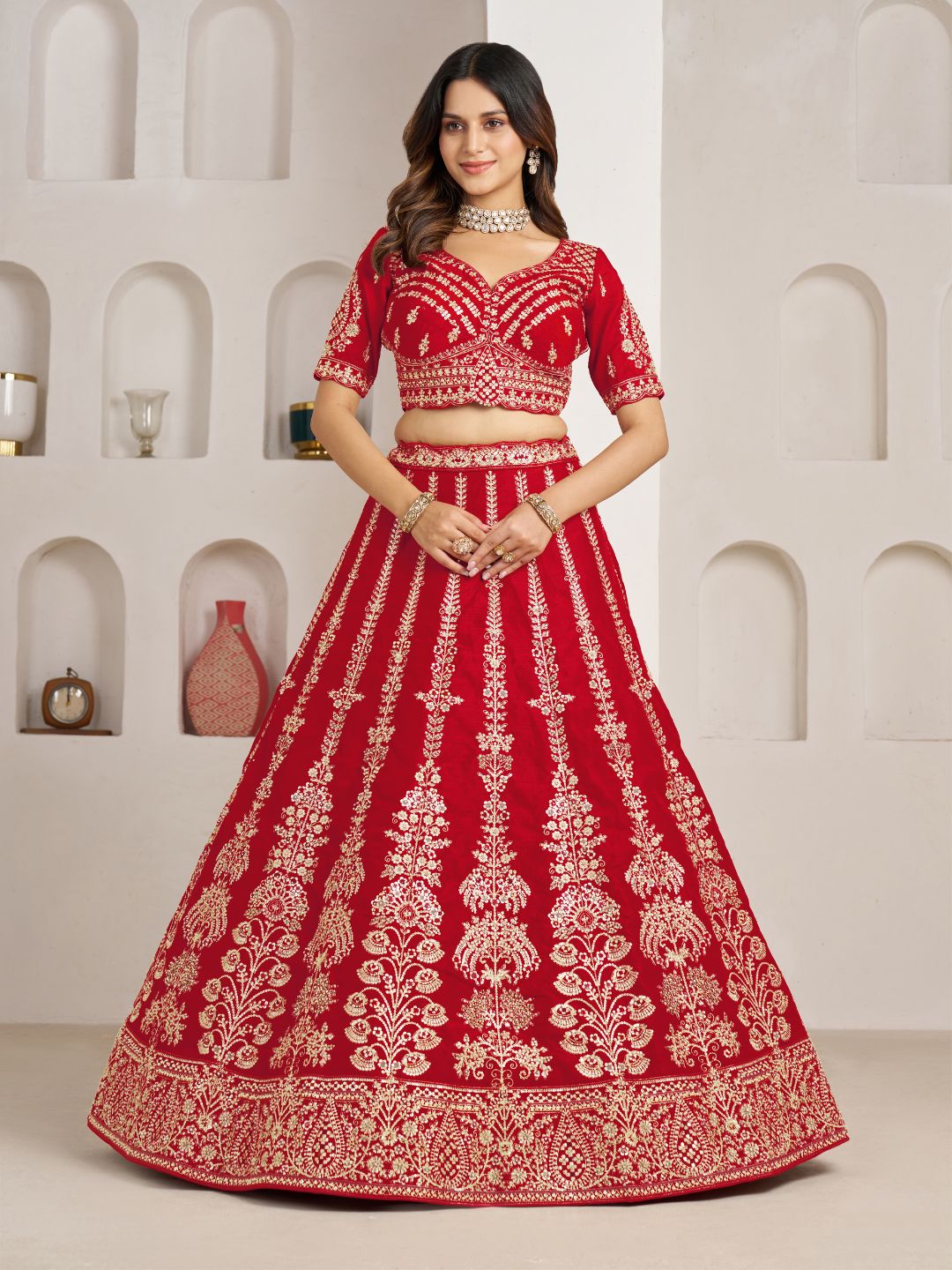 Red Wedding Lehenga Adorned with Floral Zari Embroidery