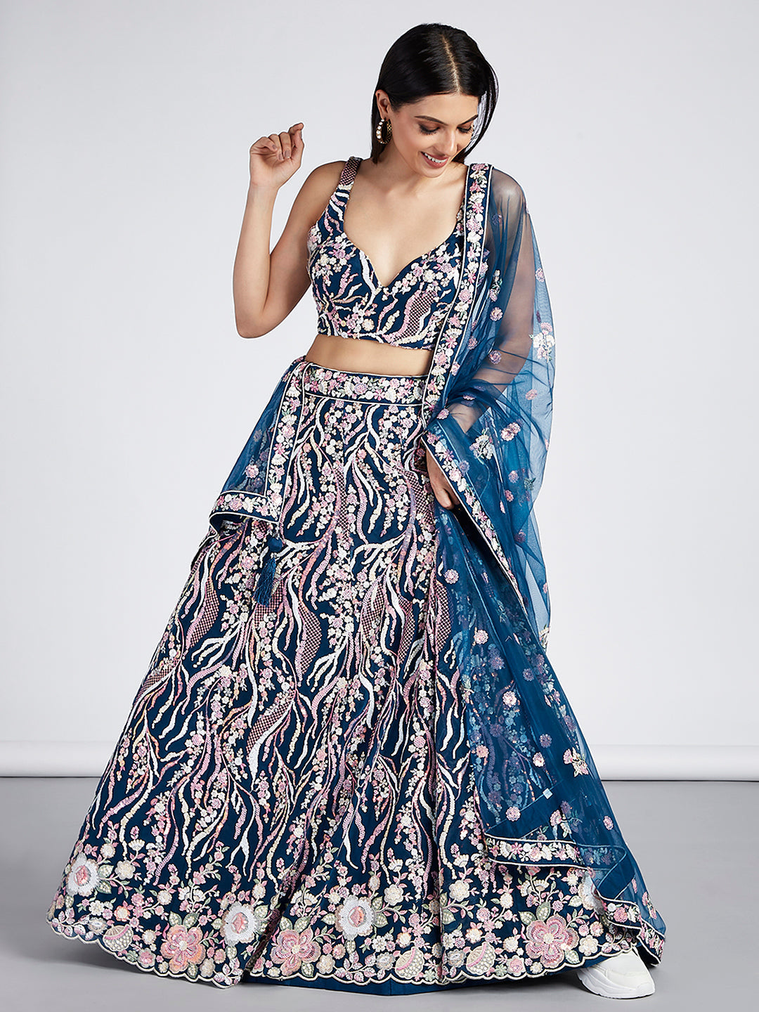 Navy Blue - Multi-Sequins & Thread Work Embroidery Net Semi-Stitched Lehenga - qivii