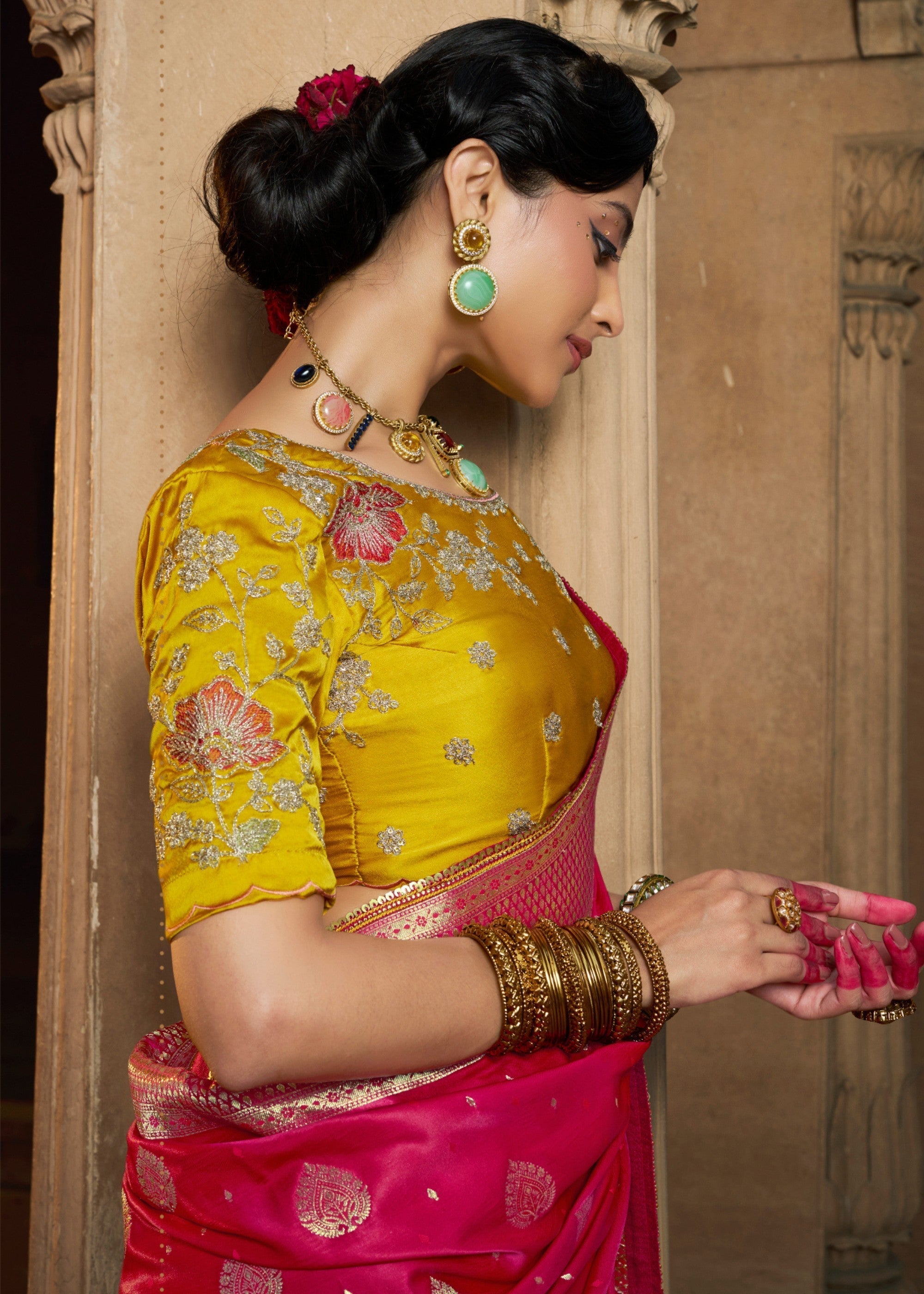 Rani Pink Satin Silk Saree With Beautiful Lace Border And Heavy Designer Embroidered Blouse - qivii