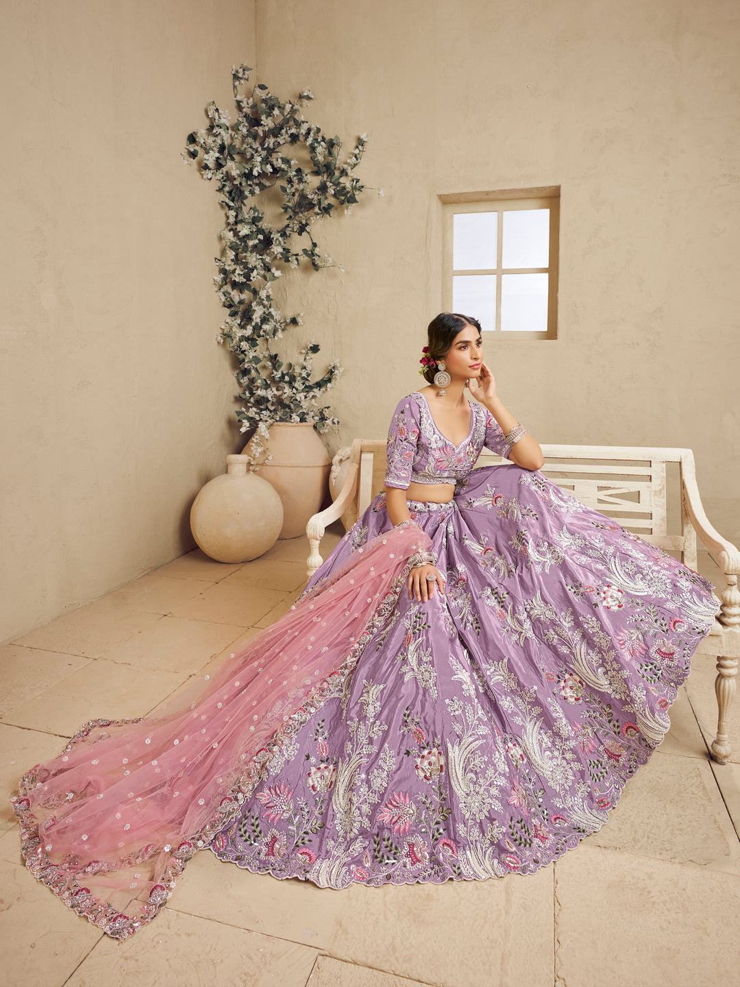 Lavender Color Satin Silk Fabric Sequins embroidery Lehenga choli & Dupatta - qivii