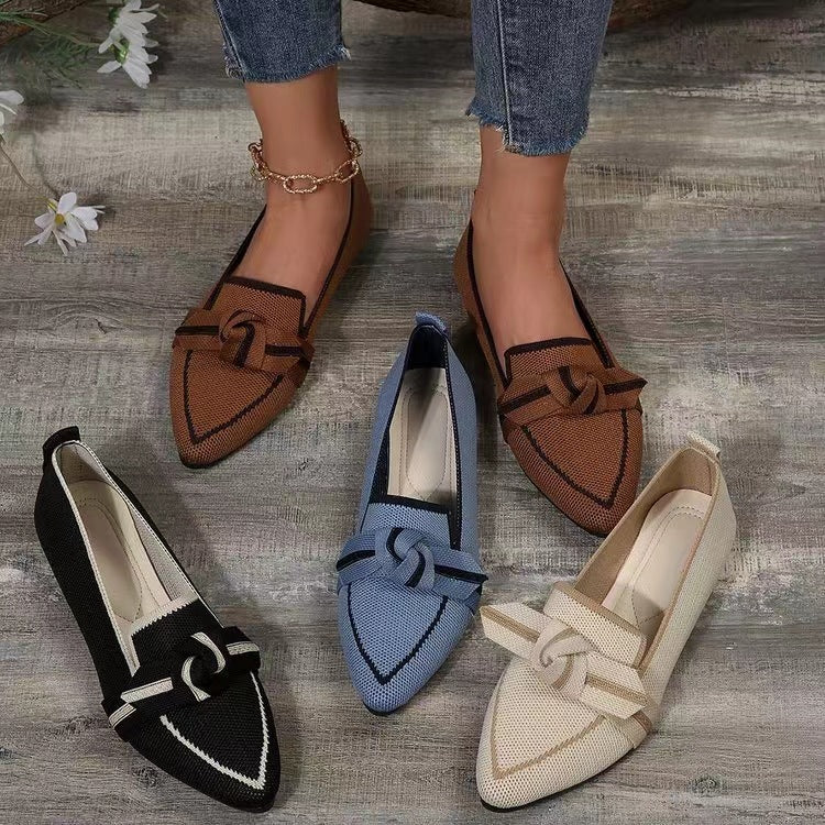 Women's Plus Size Knit Flat Loafers - Slip-On Bowknot Shallow Cut Lazy Work Shoes