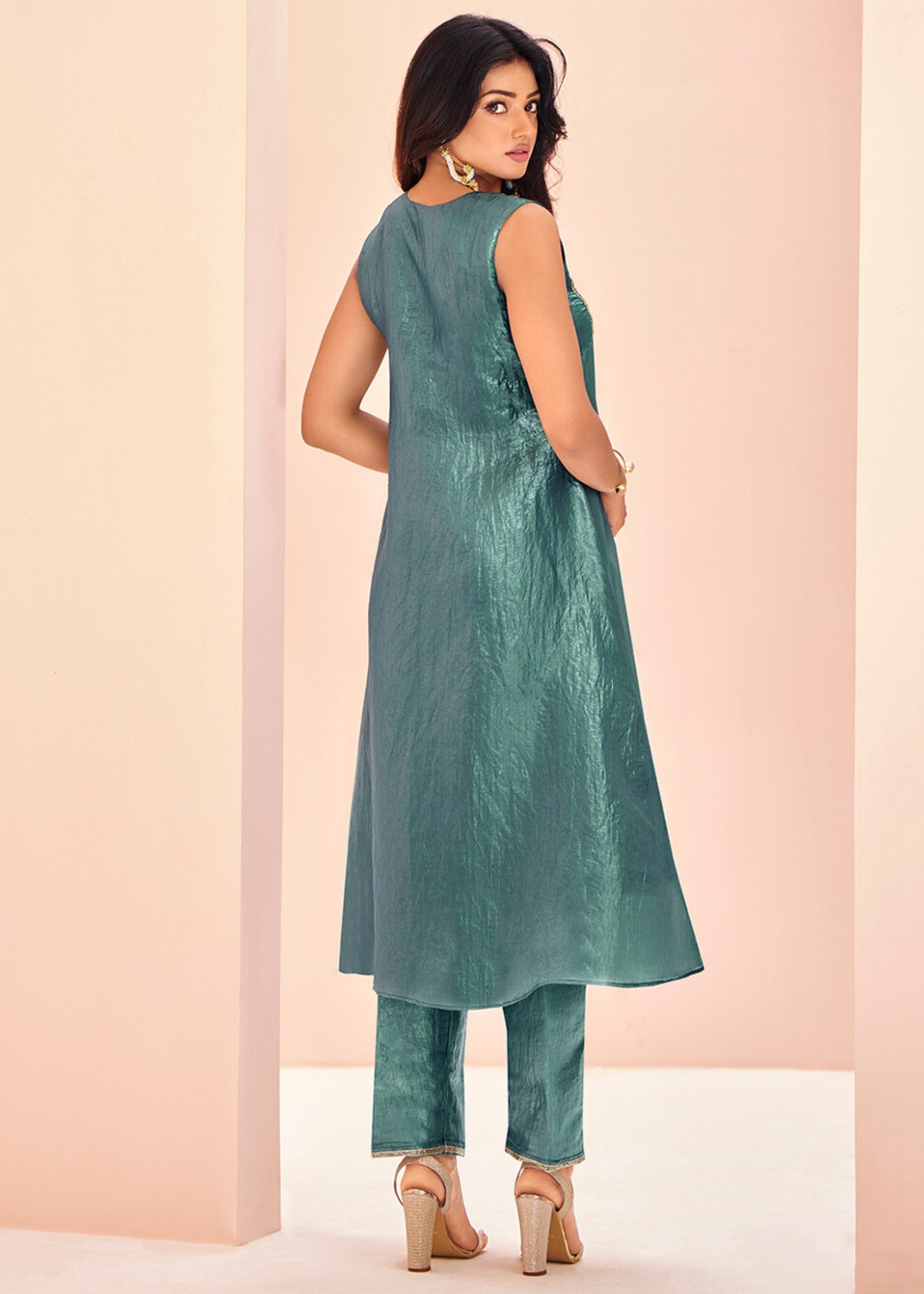 Aqua Organza Handwork Kurta with Pant - qivii