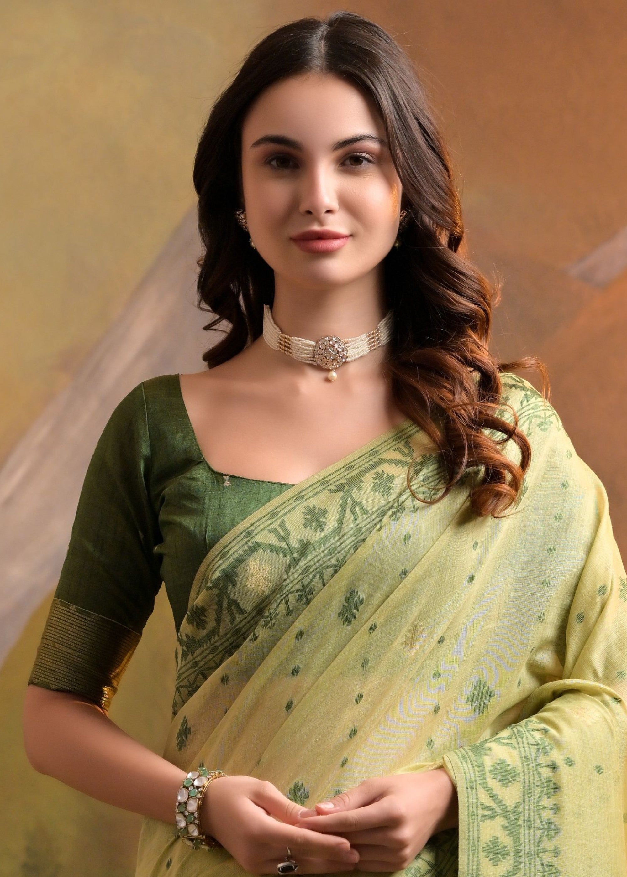 Light Green Thread Woven Cotton Saree With All Over Butti - qivii