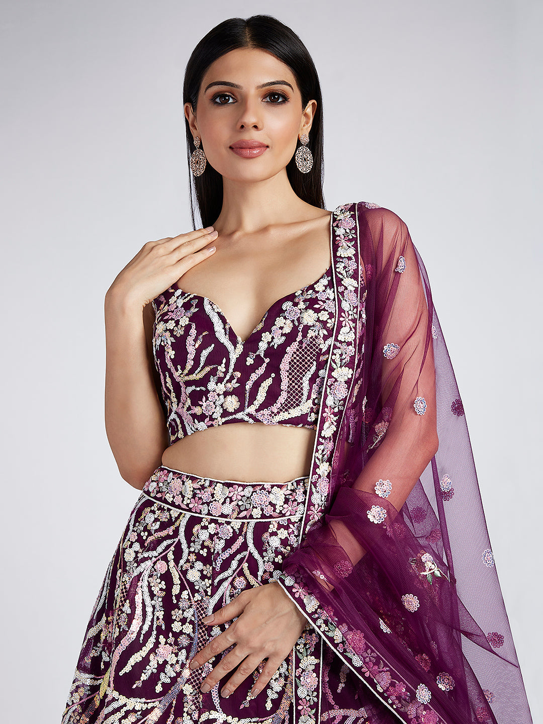 Burgundy - Multi-Sequins & Thread Work Embroidery Net Semi-Stitched Lehenga - qivii