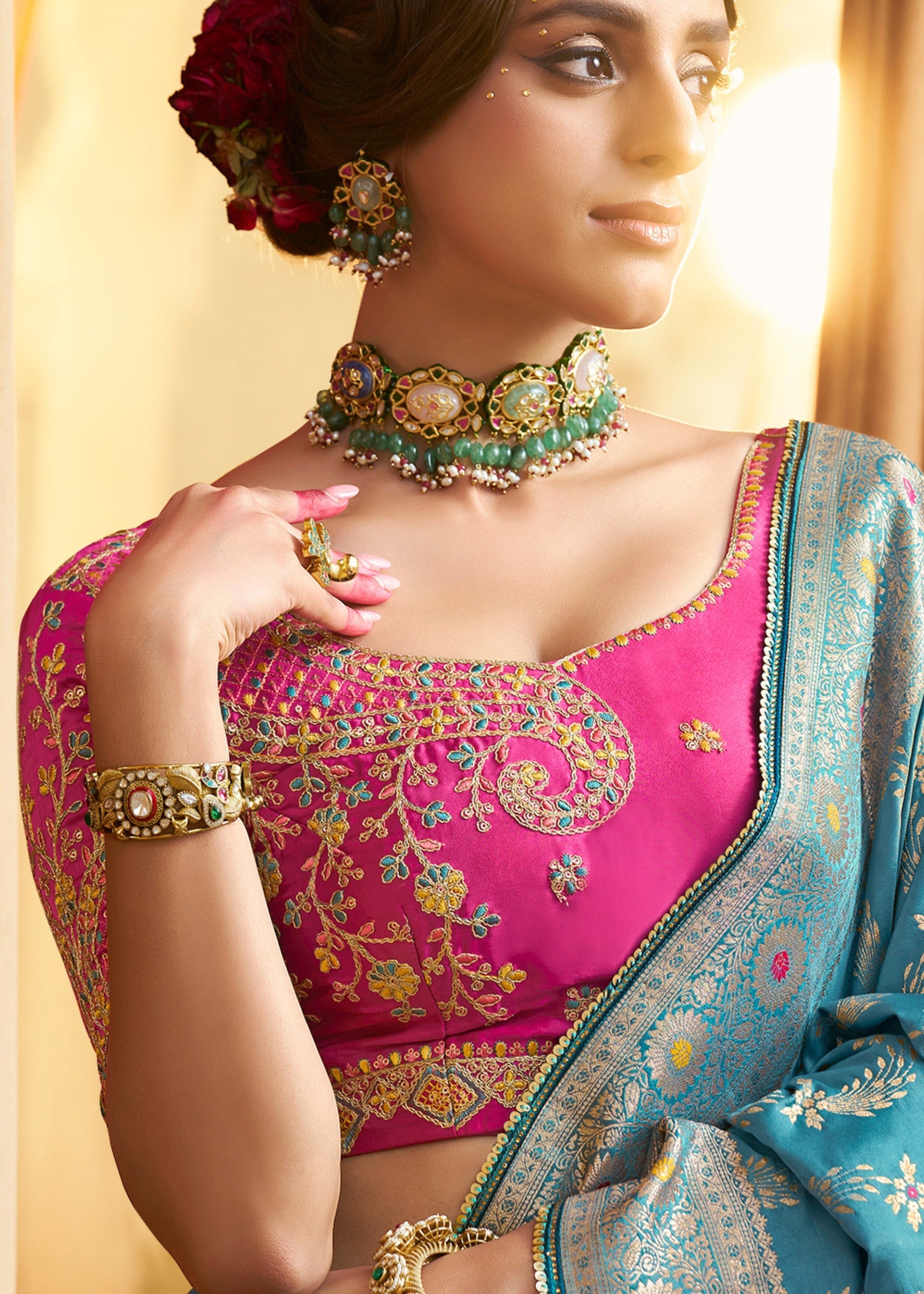 Capri Blue Satin Silk Saree With Beautiful Lace Border And Heavy Designer Embroidered Blouse - qivii