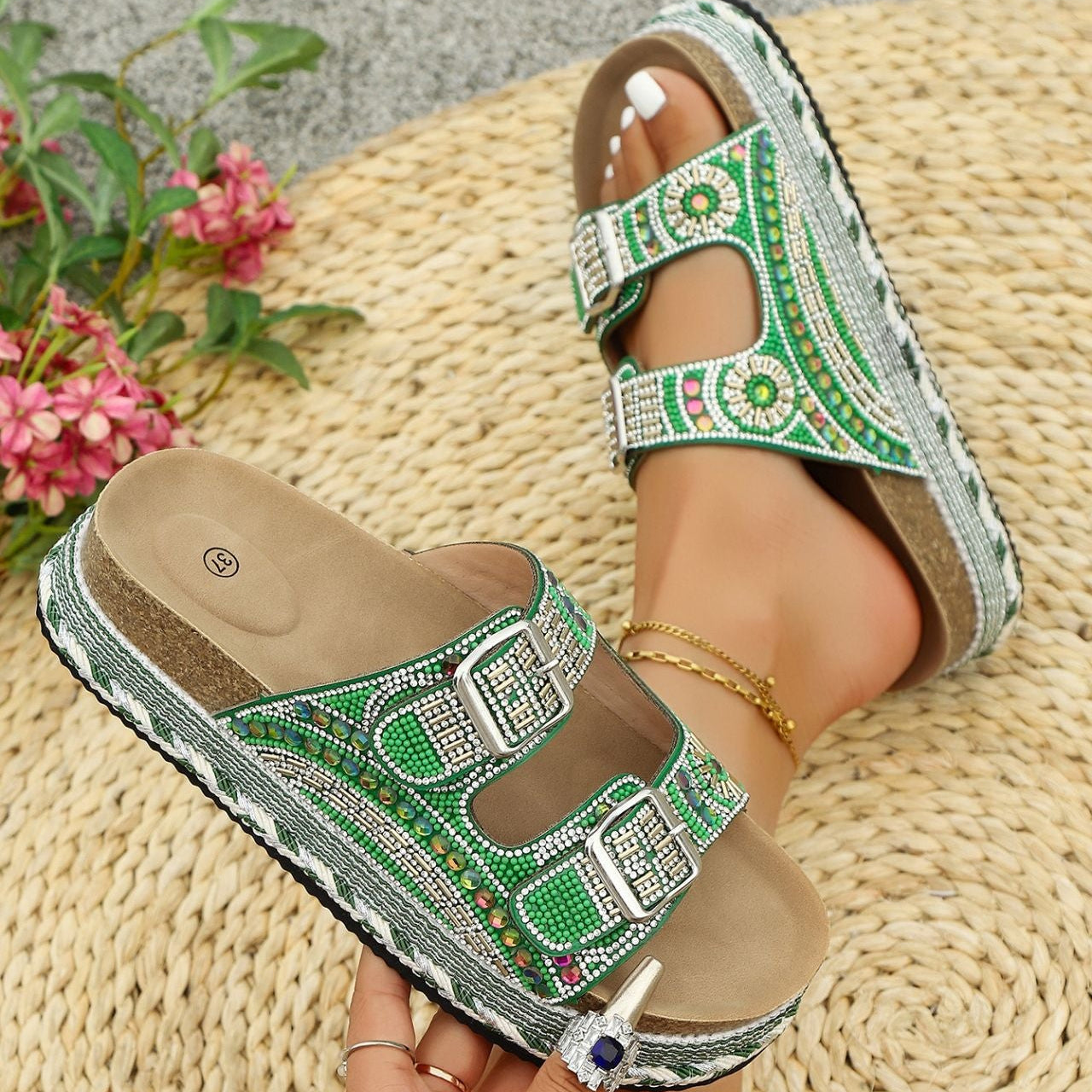 Women’s Calyra Rhinestone Platform Slide Sandals – Boho Metallic Buckle Rope Detail Resort Slides (US 5–10.5)