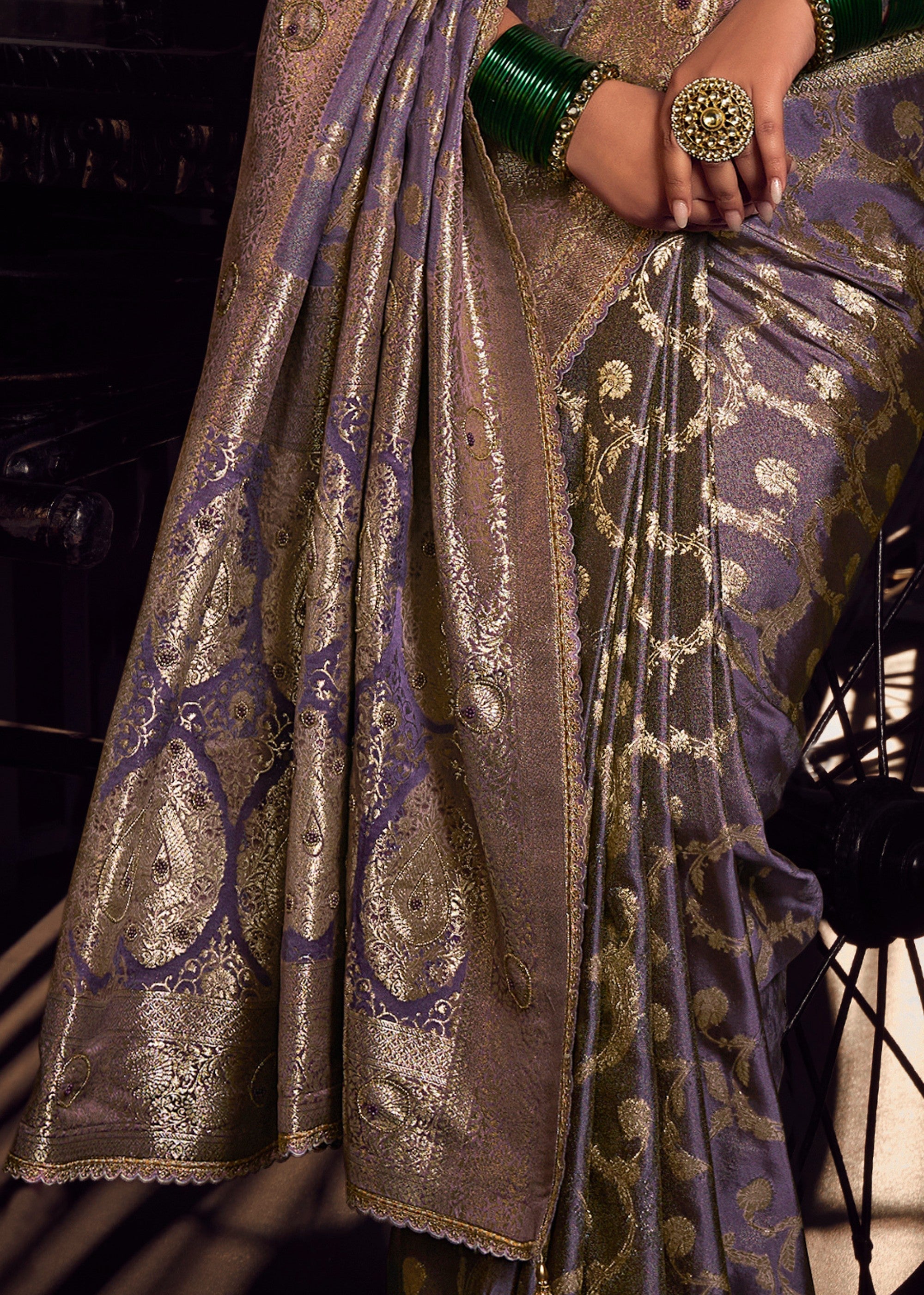 Heather Purple Viscose Tissue Silk Saree with Handworked Pallu And Contrast Designer Blouse - qivii