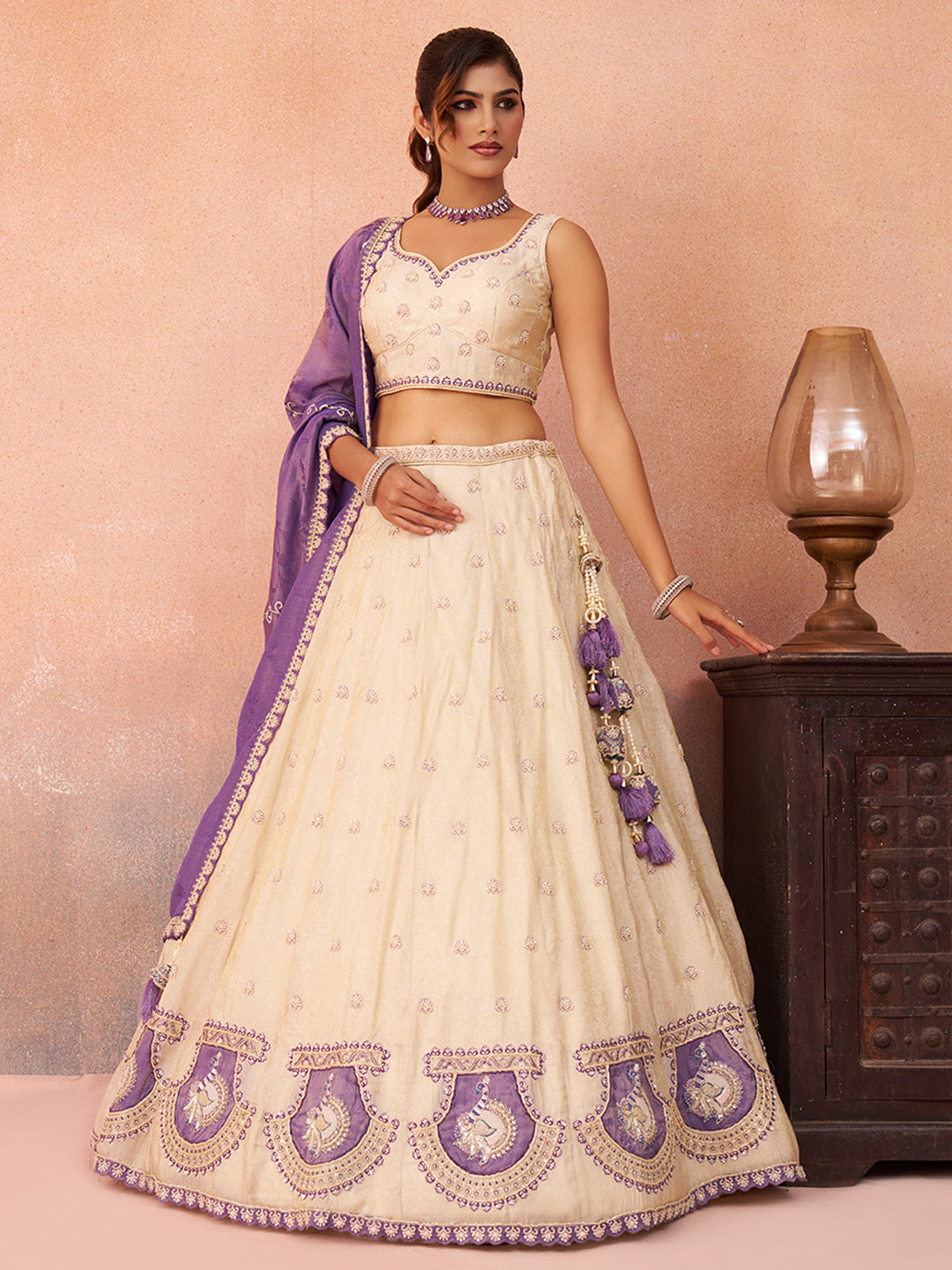 Cream Jacquard Heavy Beads with Sequins Embroidered Lehenga Set