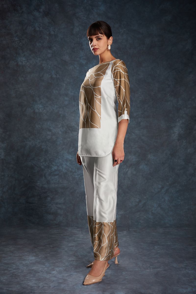 WHITE LINEN SATIN PRINTED TOP,PANT CO-ORD SET - qivii