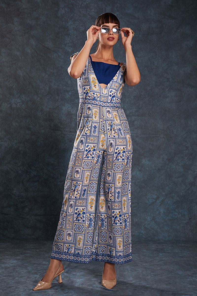 NAVY BLUE LINEN PRINTED CO-ORD SET - qivii