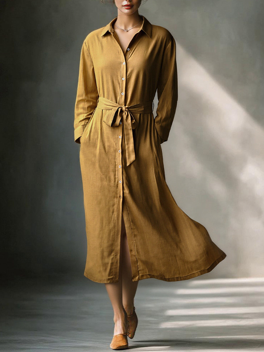 Women's Mustard Elegant Linen Blended Button - Front Belted Midi Shirt Dress MDA1800I6I