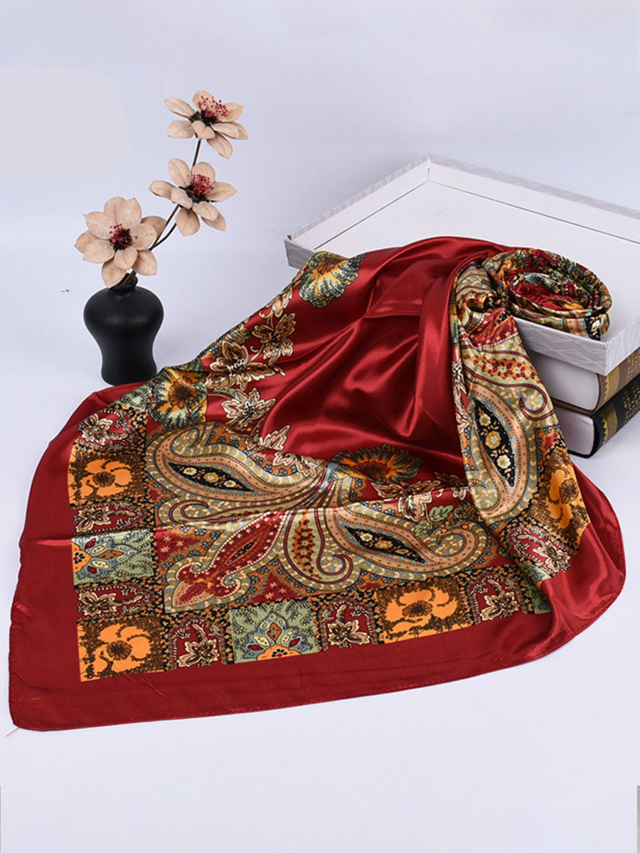 Vintage Bohemian Paisley Print Satin Square Scarf - By Qivii