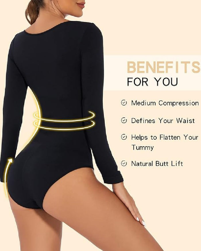 Seamless Crew Neck Long Sleeve Corset Bodysuit Tops Stretch Triangle Jumpsuit - By Qivii