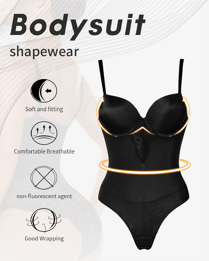 Women's Low Back Bodysuit Lace Stitching Tummy Control Brief Shapewear With Built In Bra - By Qivii