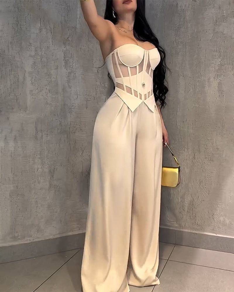 Strapless Mesh Cutout Corset Wide-Leg Jumpsuit - By Qivii