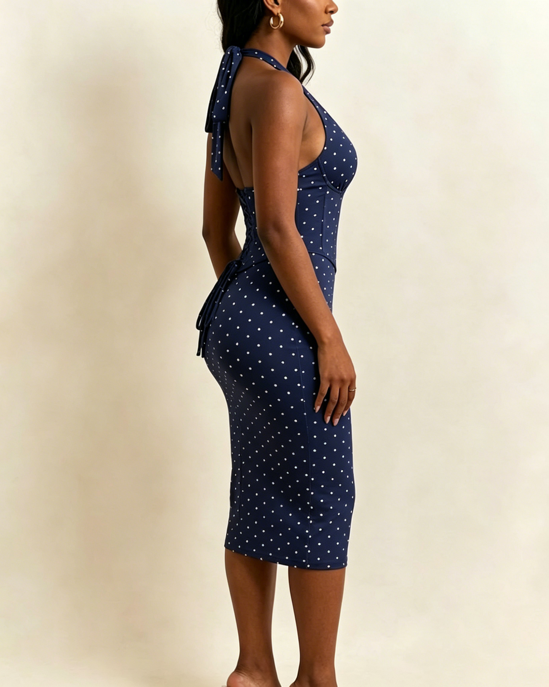 Polka Dot Corset Halter Midi Dress with Lace-Up Back - By Qivii