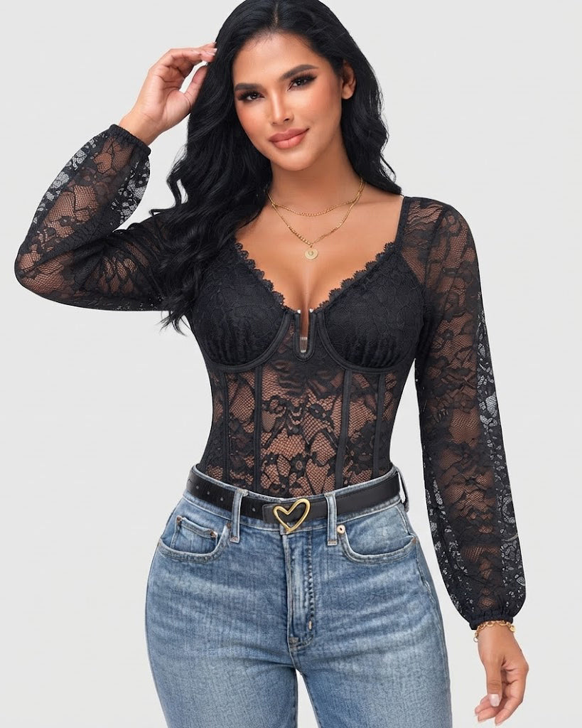 Sexy Long Sleeve Lace Floral Corset Bodysuit