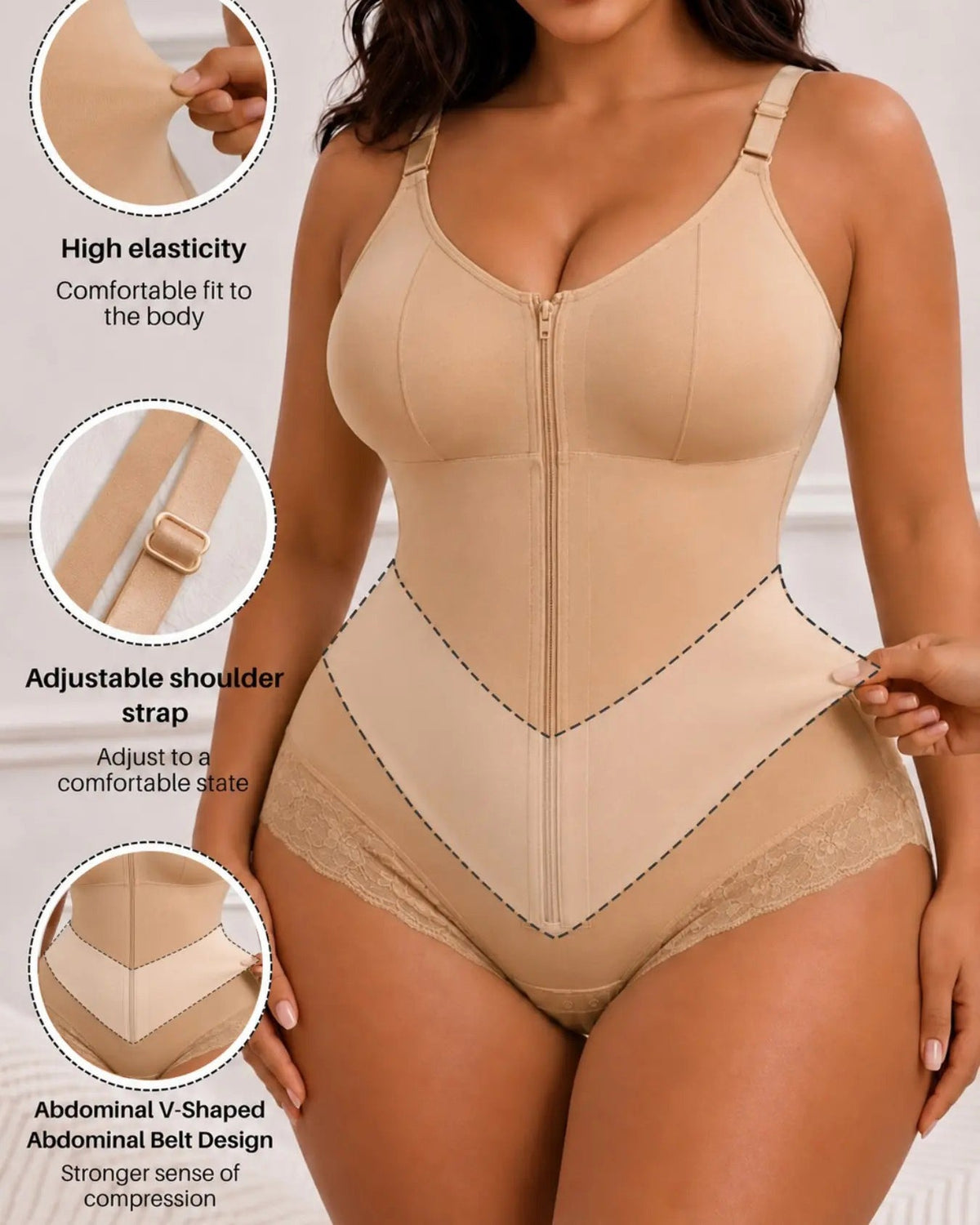 Front Zip Adjustable Strap Tummy Control Butt Lifting Bodysuit Shapewear