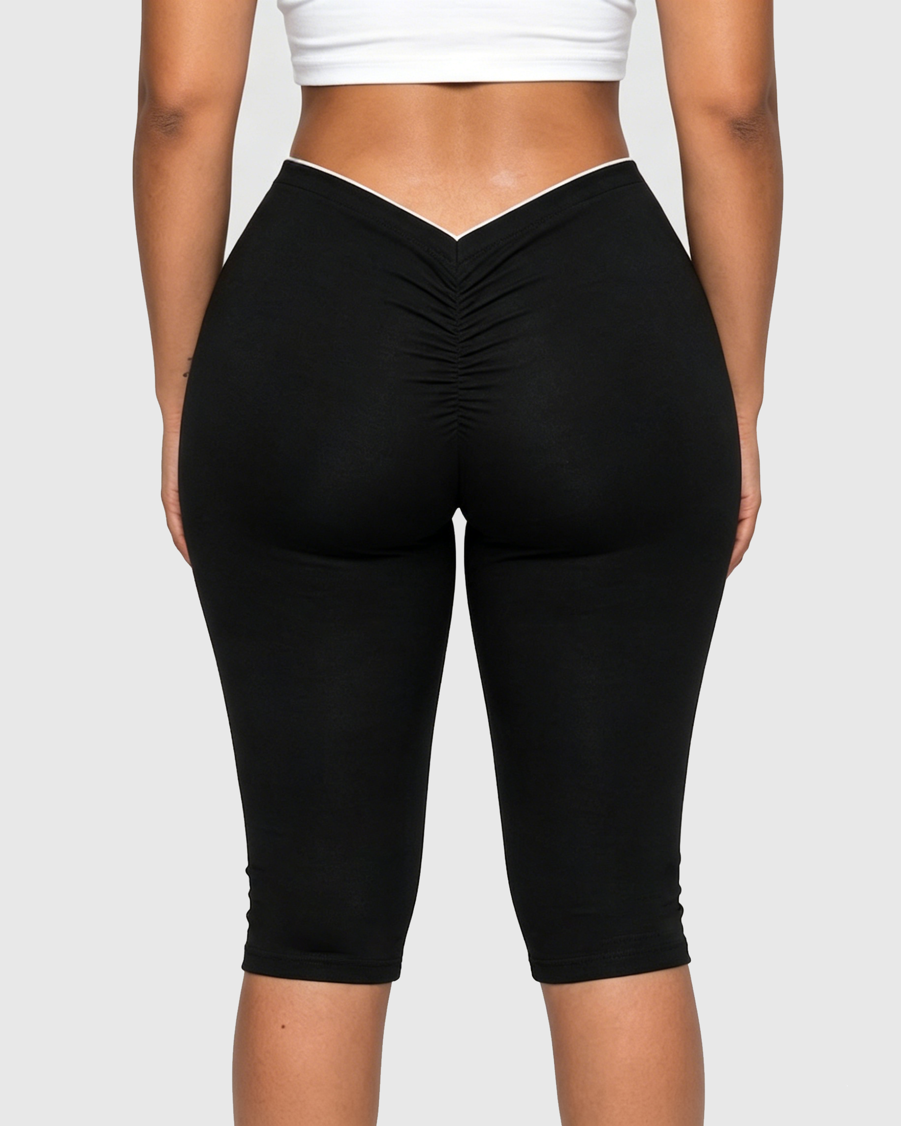 V Ruched Back High Waist Butt Lifting Capri Leggings - By Qivii