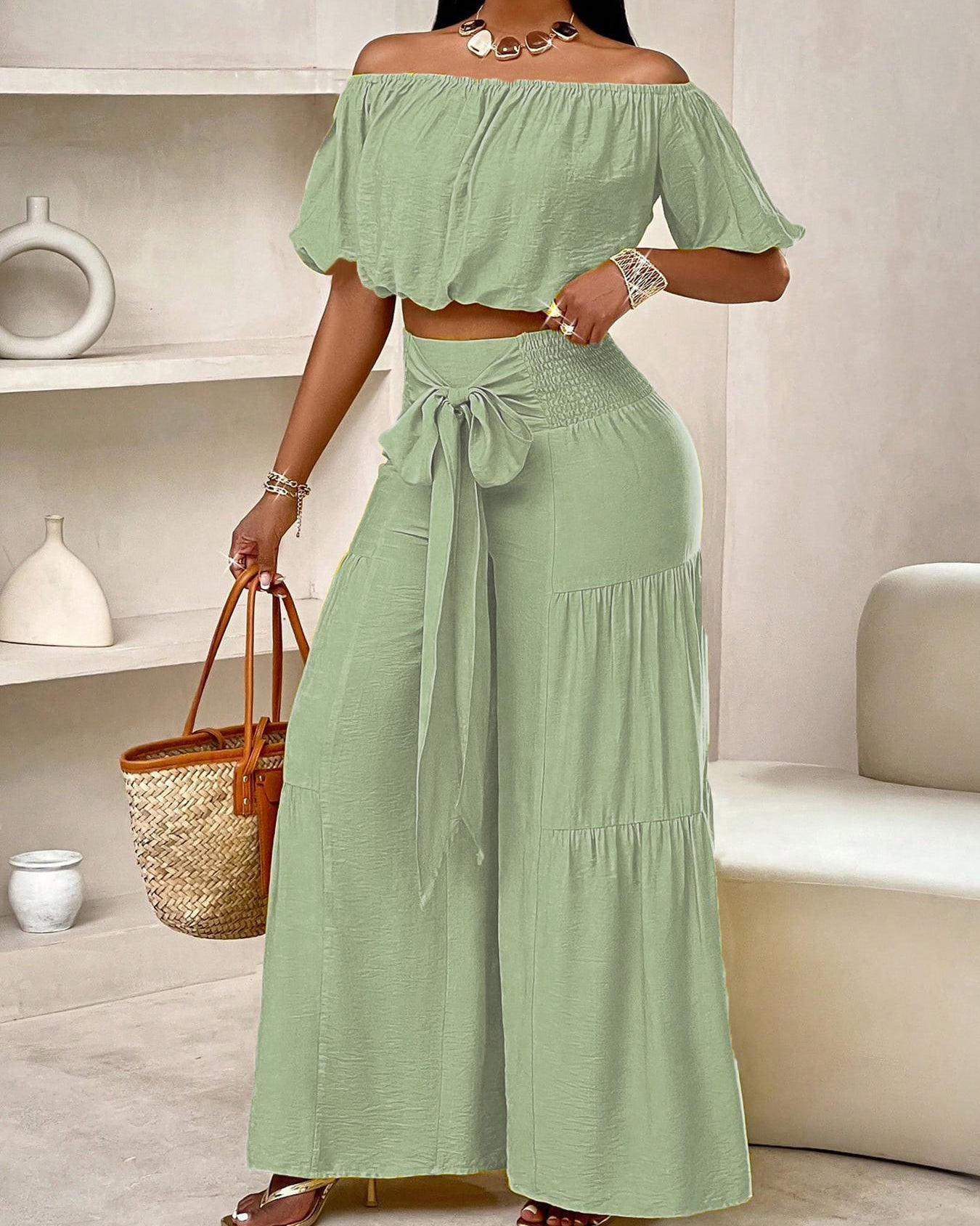 Off Shoulder Crop Top Waist Tie Front Tiered Wide Leg Pants Two Piece Set - By Qivii
